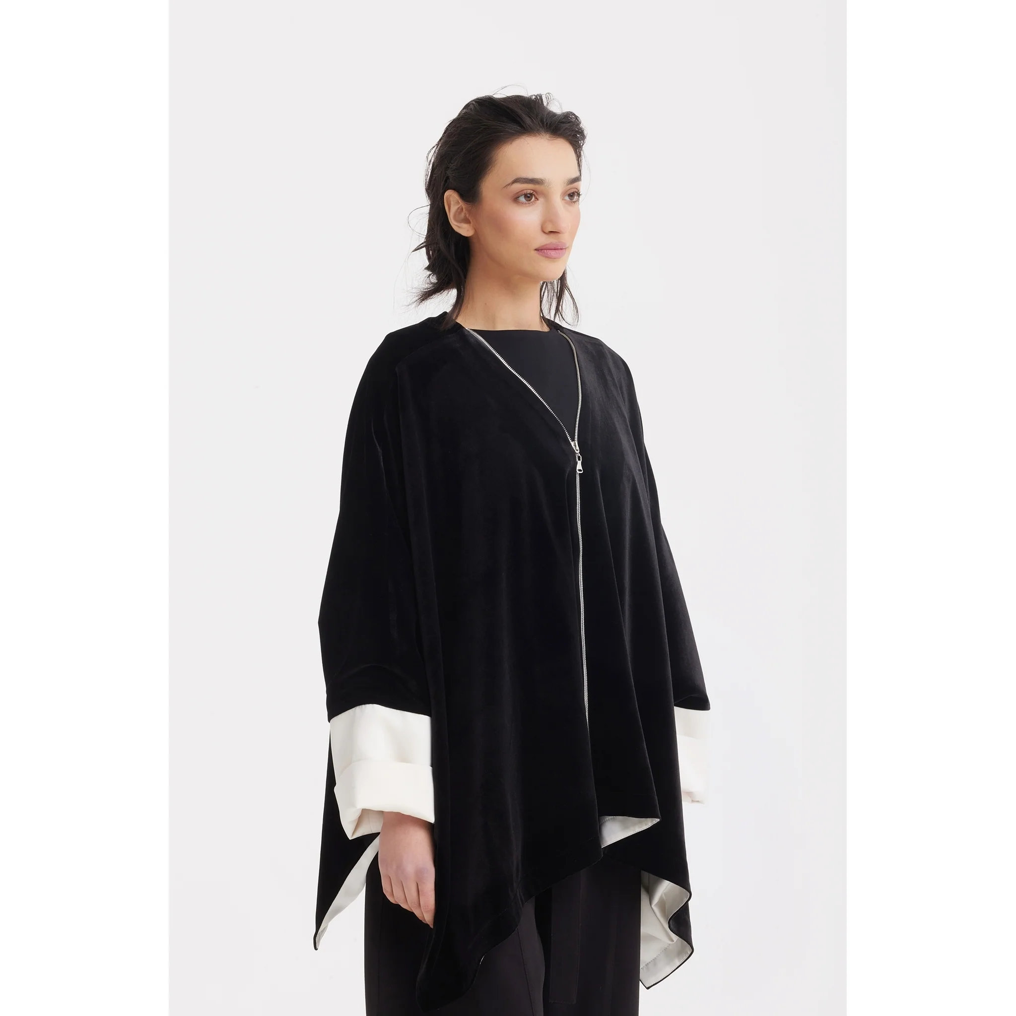 Loose Velvet Cape Jacket With Zip Front - Black - Image 8