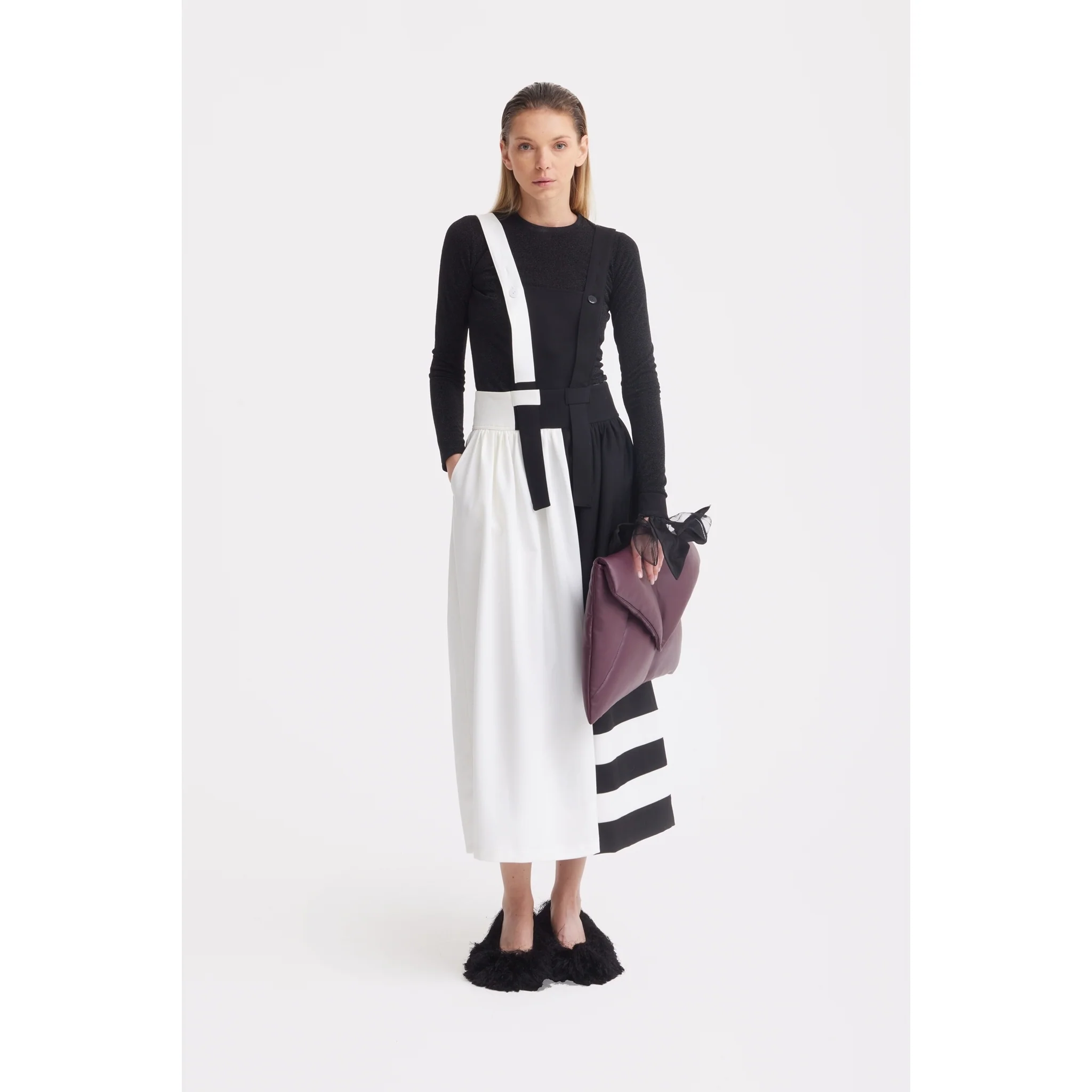 Midi Apron Dress With Adjustable Straps - Black Ivory - Image 2