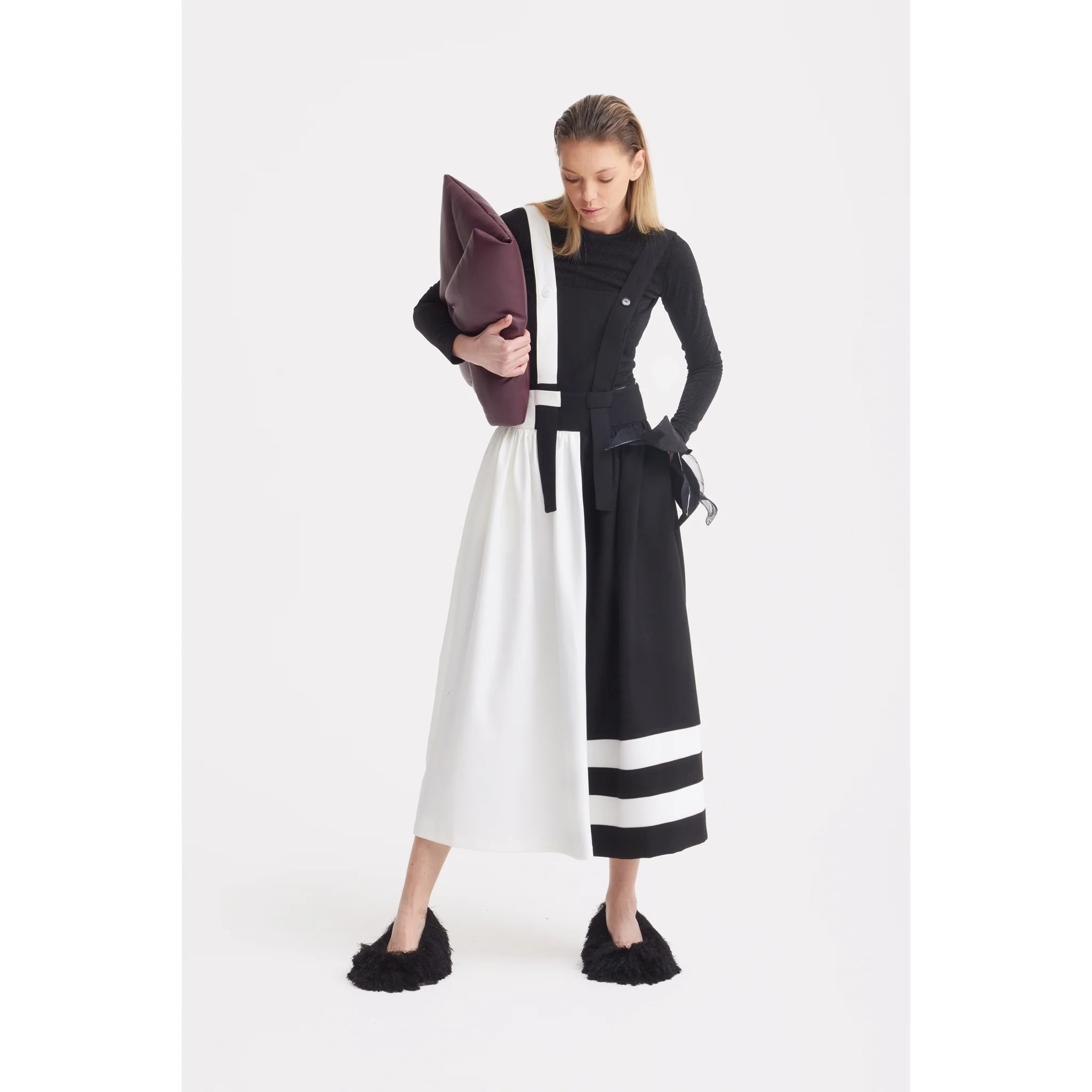Midi Apron Dress With Adjustable Straps - Black Ivory - Image 8