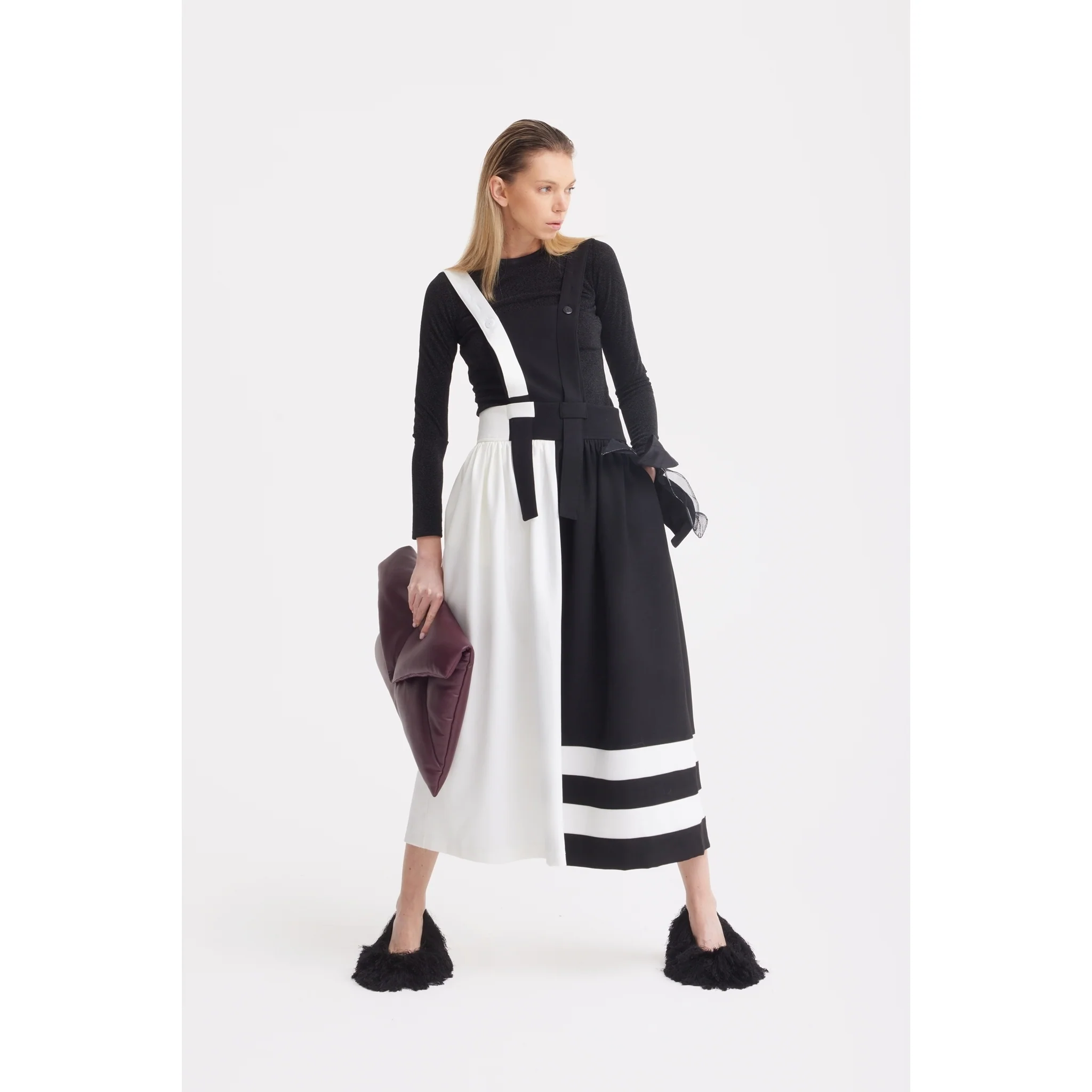 Midi Apron Dress With Adjustable Straps - Black Ivory - Image 9