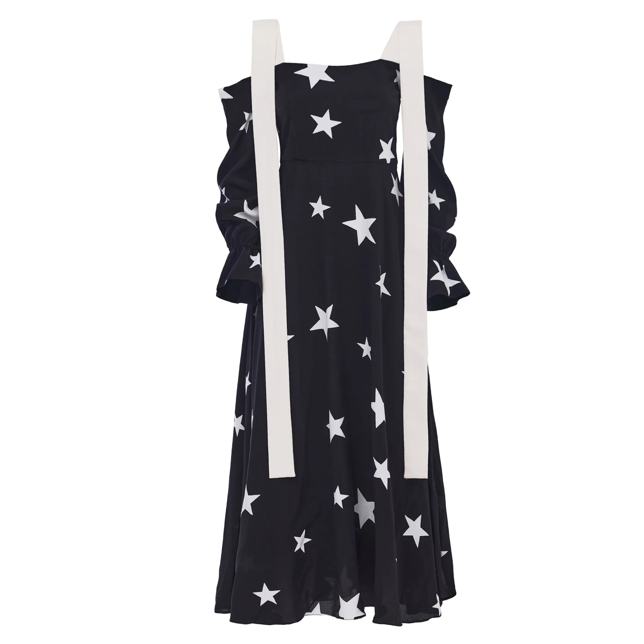 Off-Shoulder Midi Dress With Contrast Straps - Black Print Stars