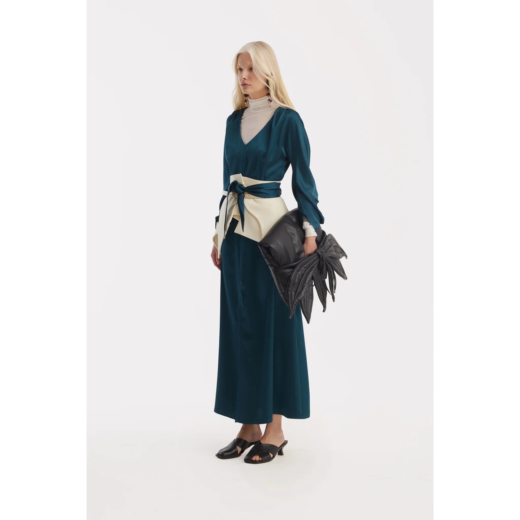Satin Ankle-Length Dress With Belt - Turquoise - Image 3
