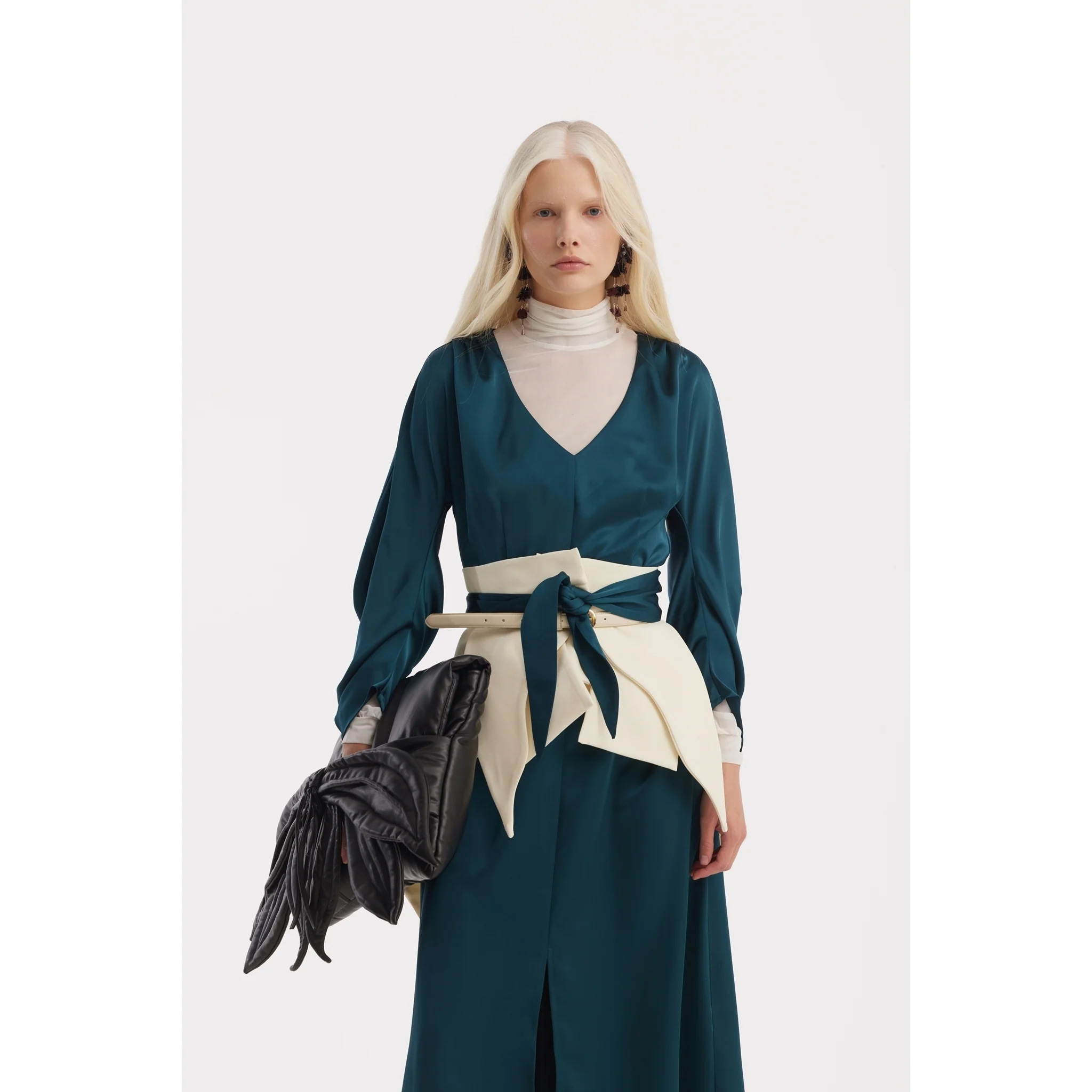 Satin Ankle-Length Dress With Belt - Turquoise - Image 4