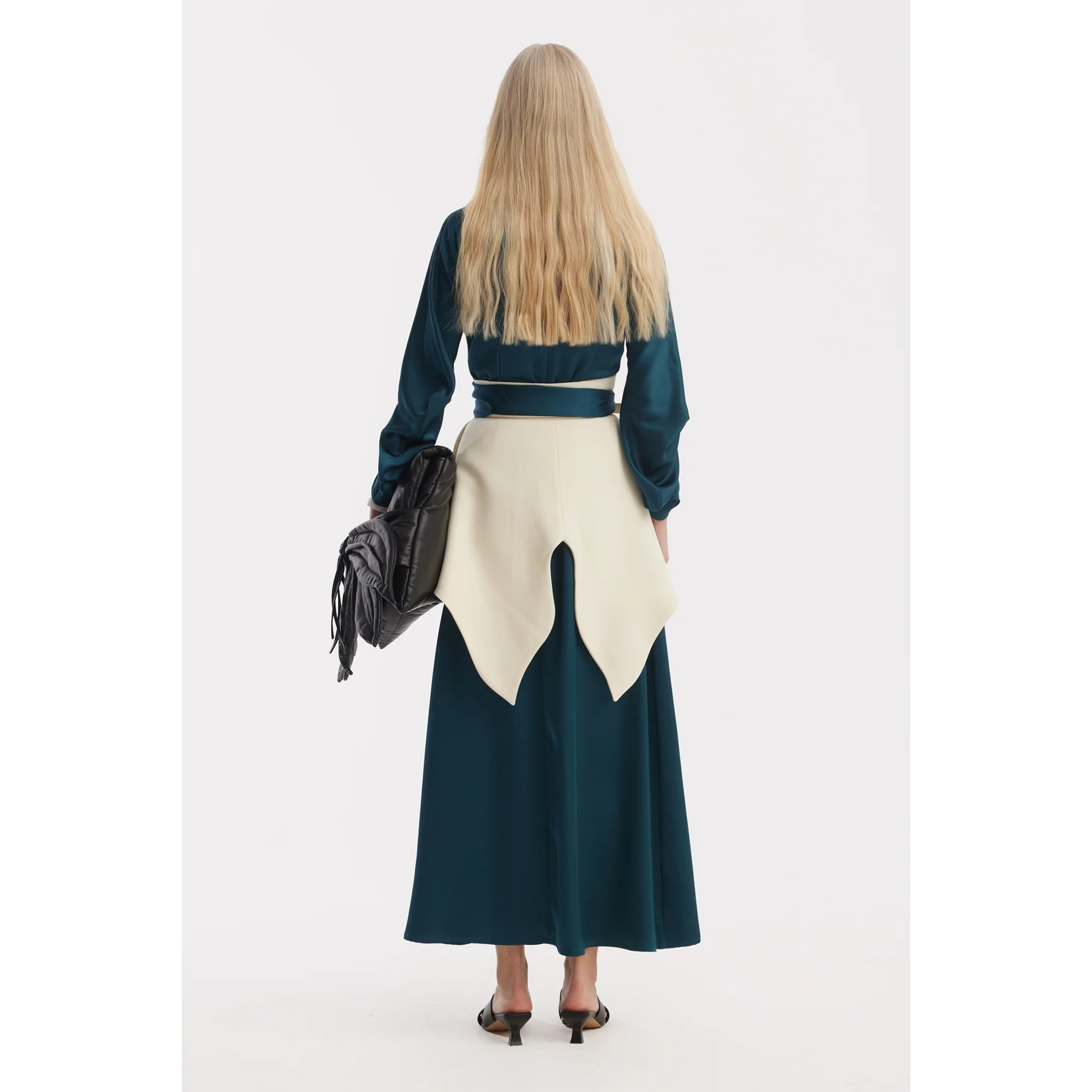 Satin Ankle-Length Dress With Belt - Turquoise - Image 5