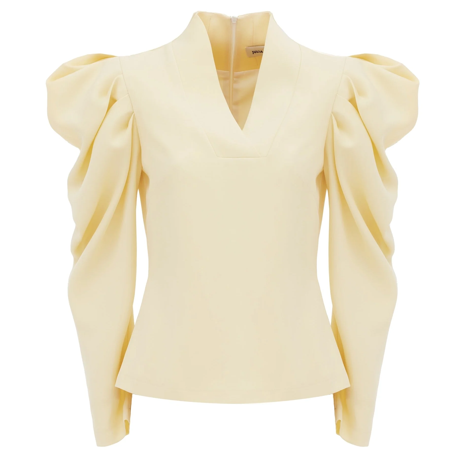 Sculpted V-Neck Blouse with Dramatic Sleeves - Pale Yellow