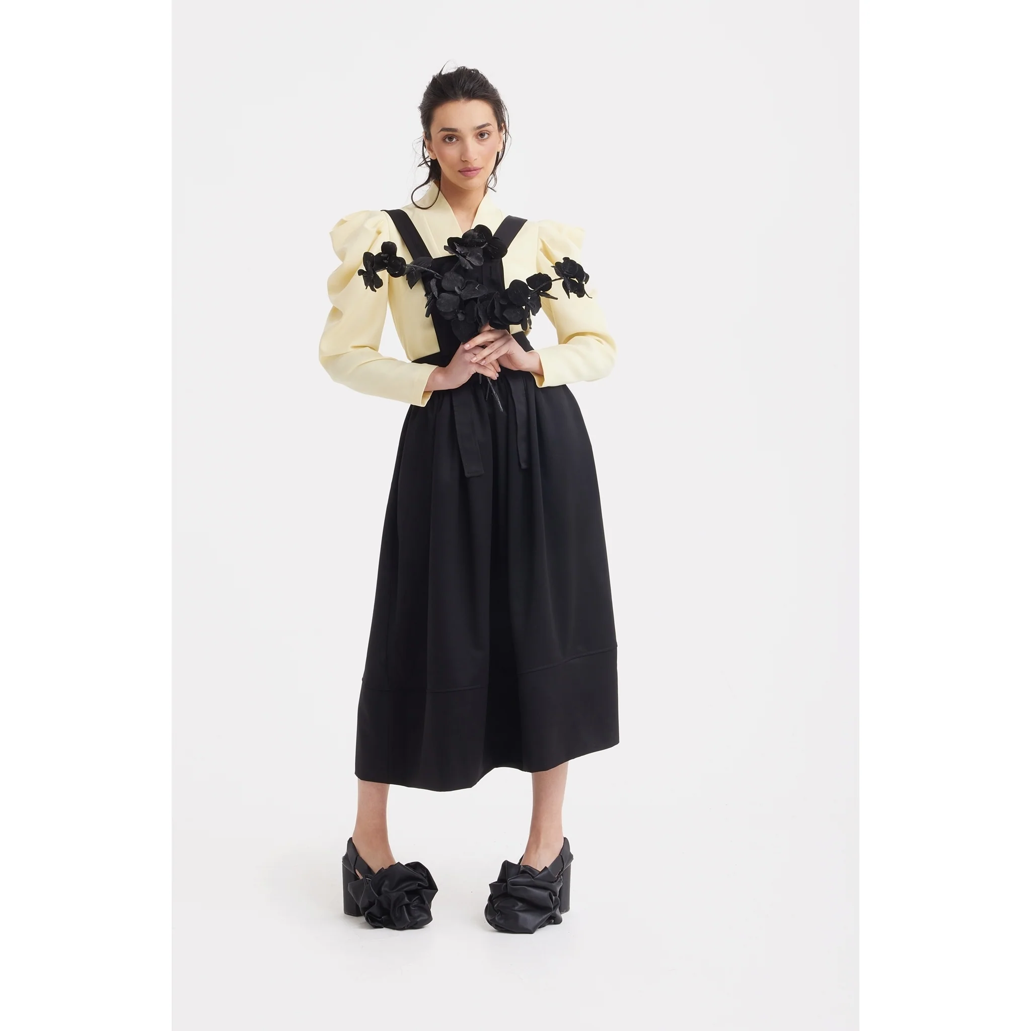 Sculpted V-Neck Blouse with Dramatic Sleeves - Pale Yellow - Image 2