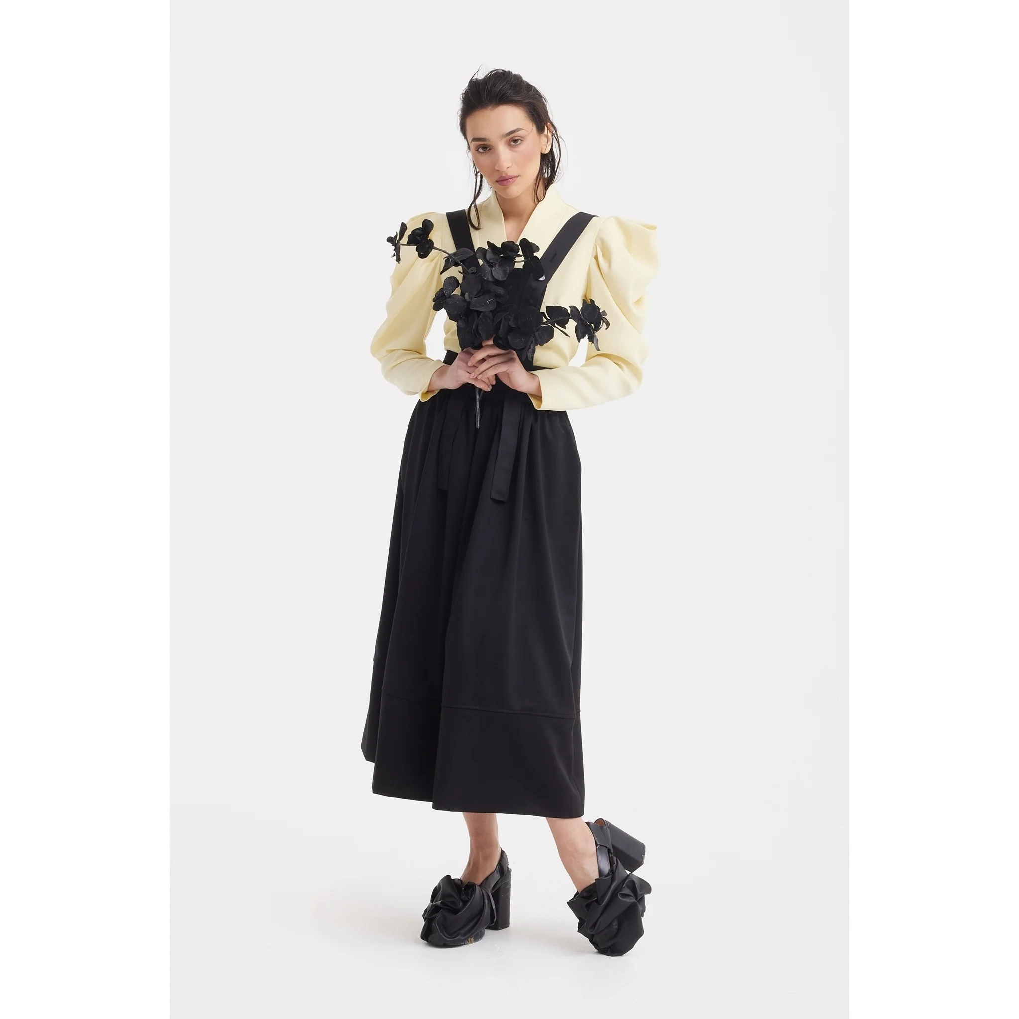 Sculpted V-Neck Blouse with Dramatic Sleeves - Pale Yellow - Image 3