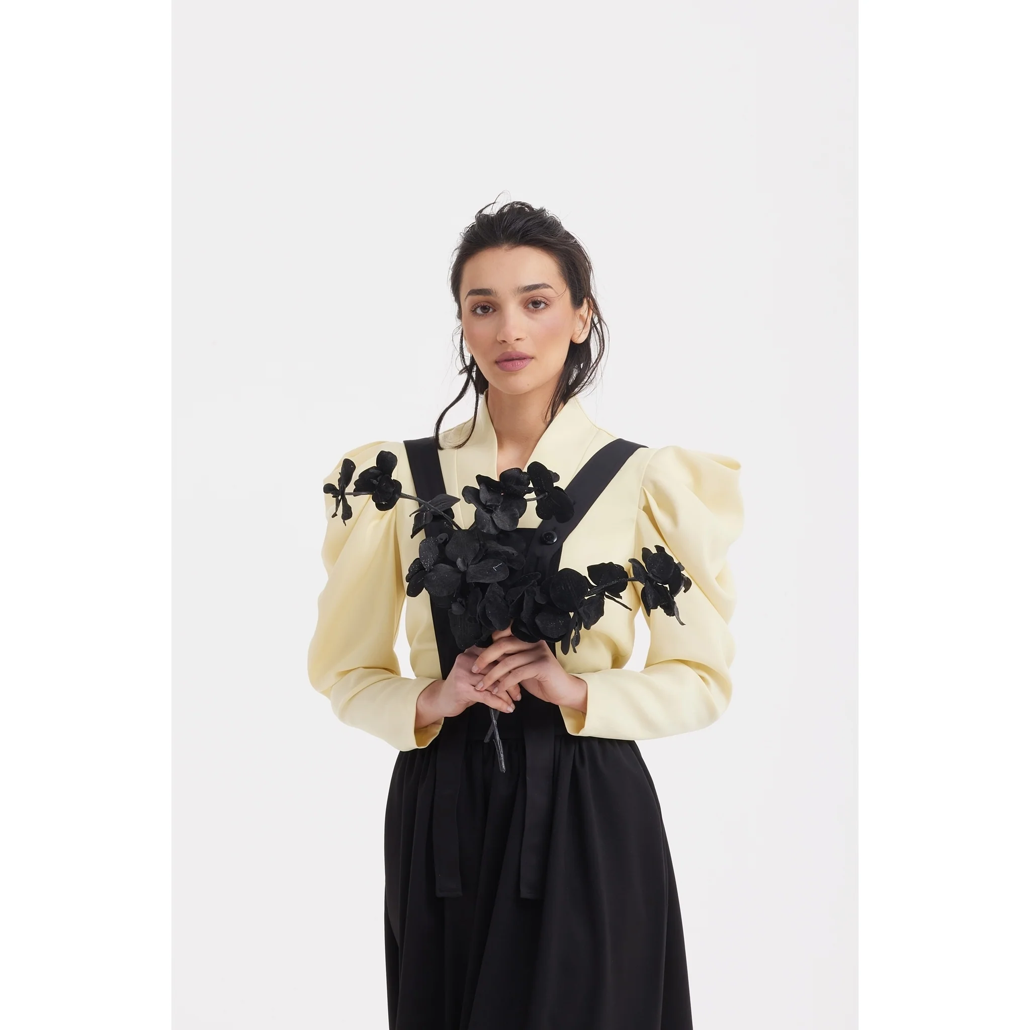 Sculpted V-Neck Blouse with Dramatic Sleeves - Pale Yellow - Image 4