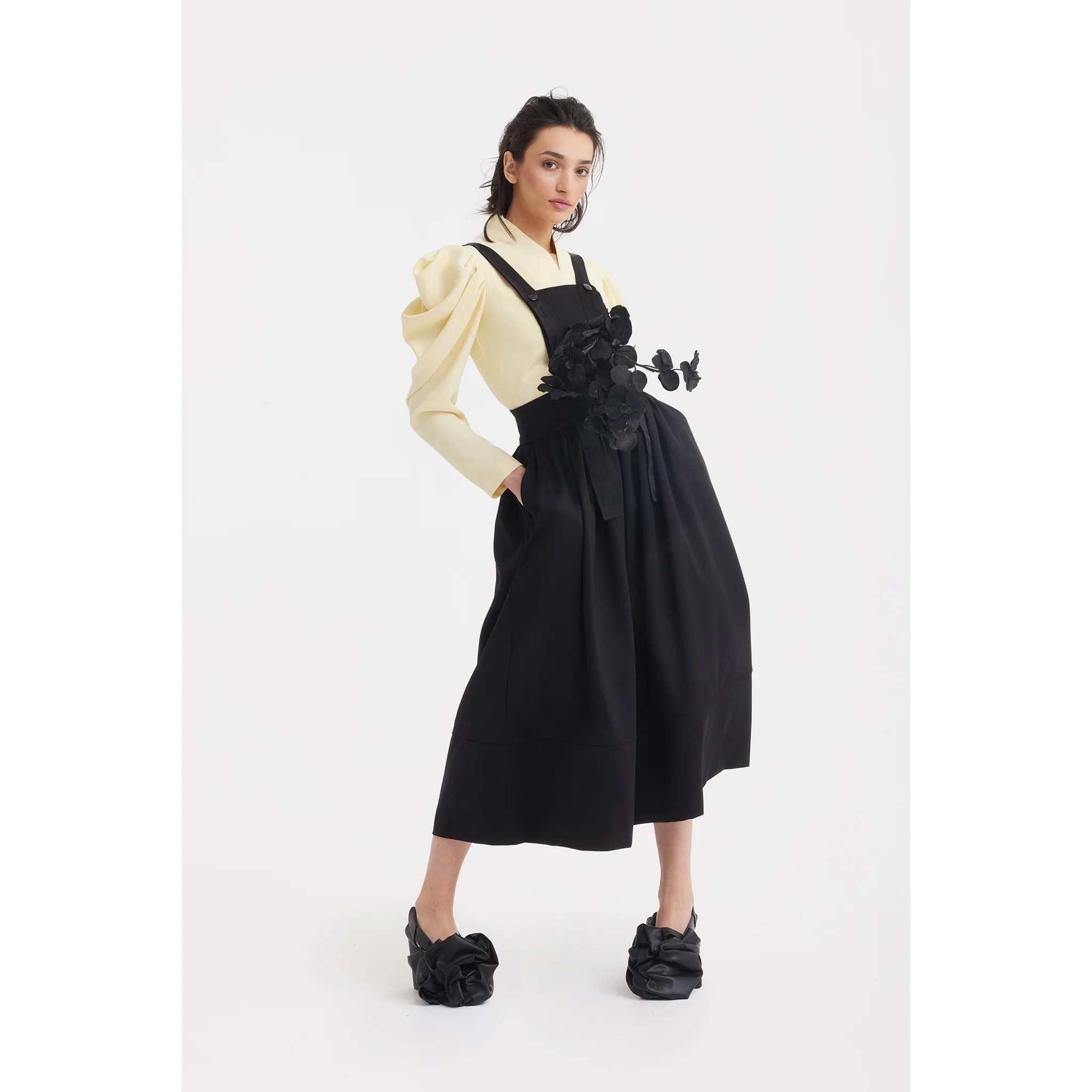 Sculpted V-Neck Blouse with Dramatic Sleeves - Pale Yellow - Image 5