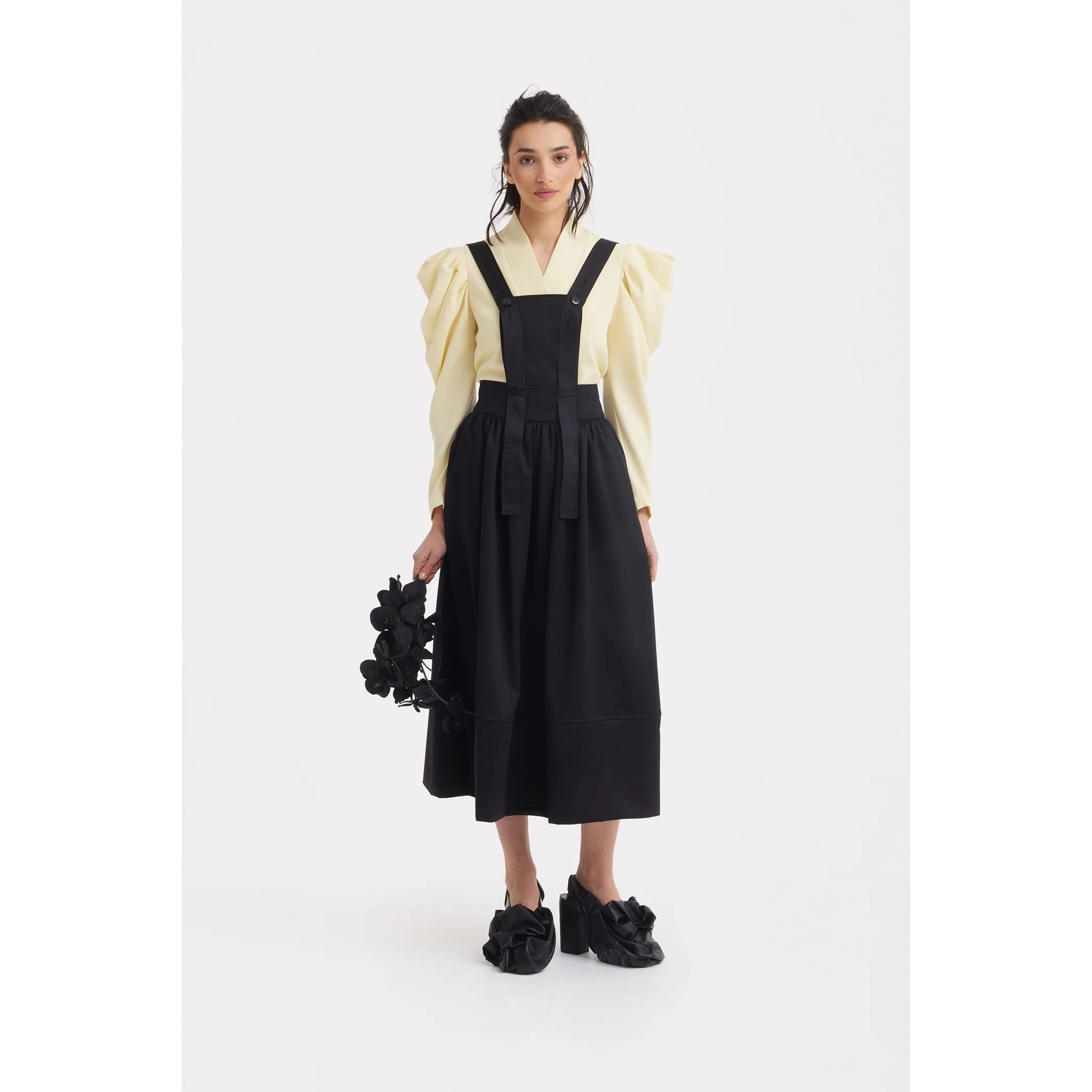 Sculpted V-Neck Blouse with Dramatic Sleeves - Pale Yellow - Image 6