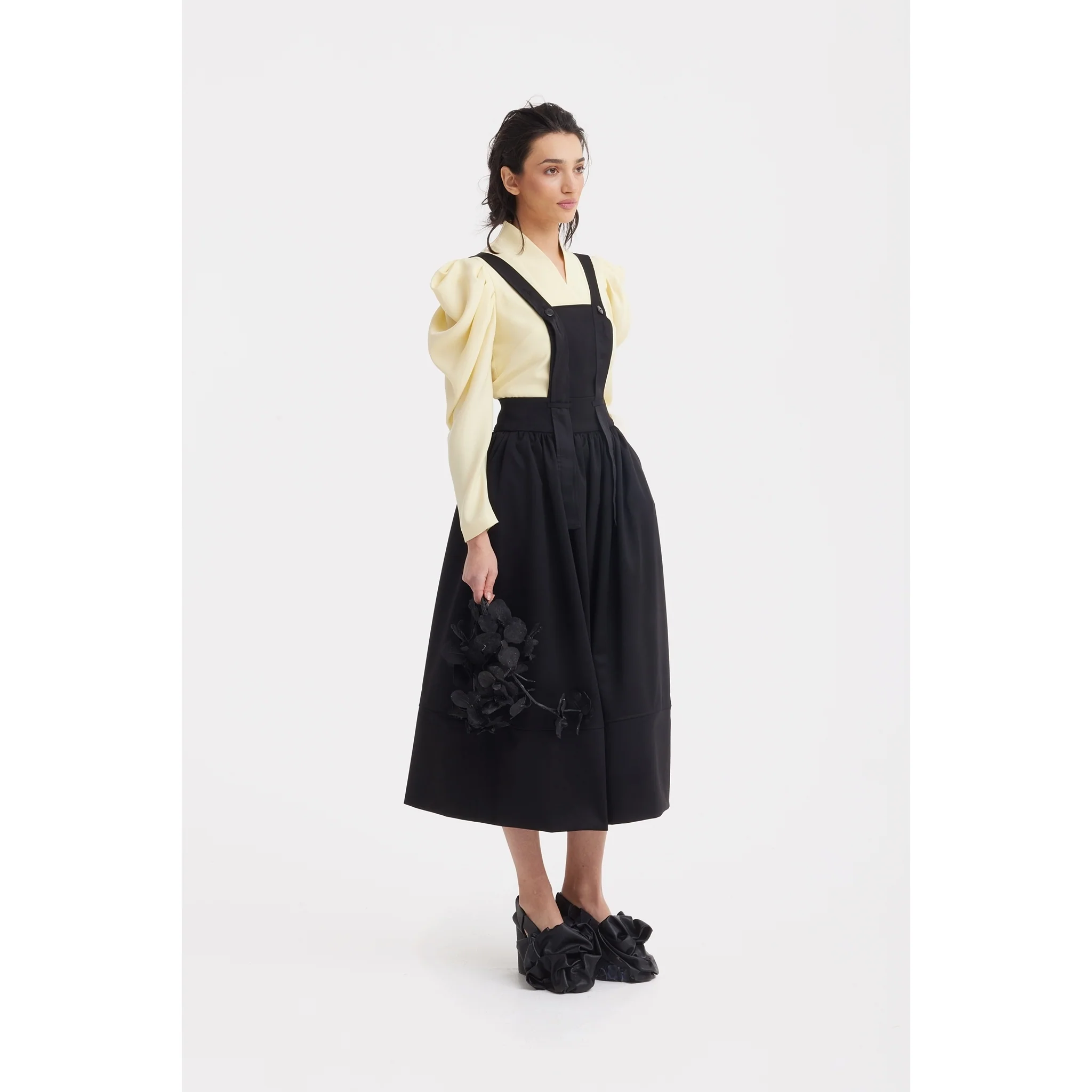 Sculpted V-Neck Blouse with Dramatic Sleeves - Pale Yellow - Image 7