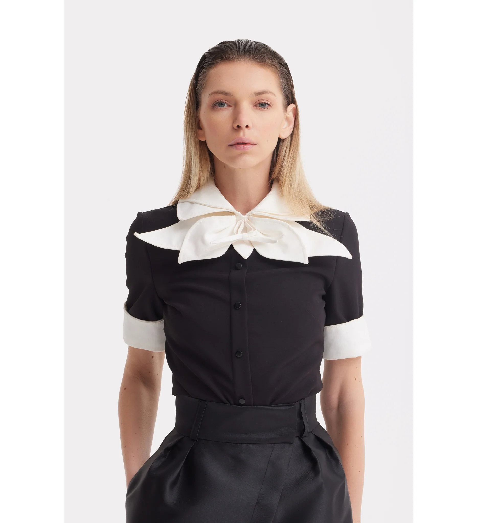 Short Sleeve Formal Bow Blouse - Black - Image 2
