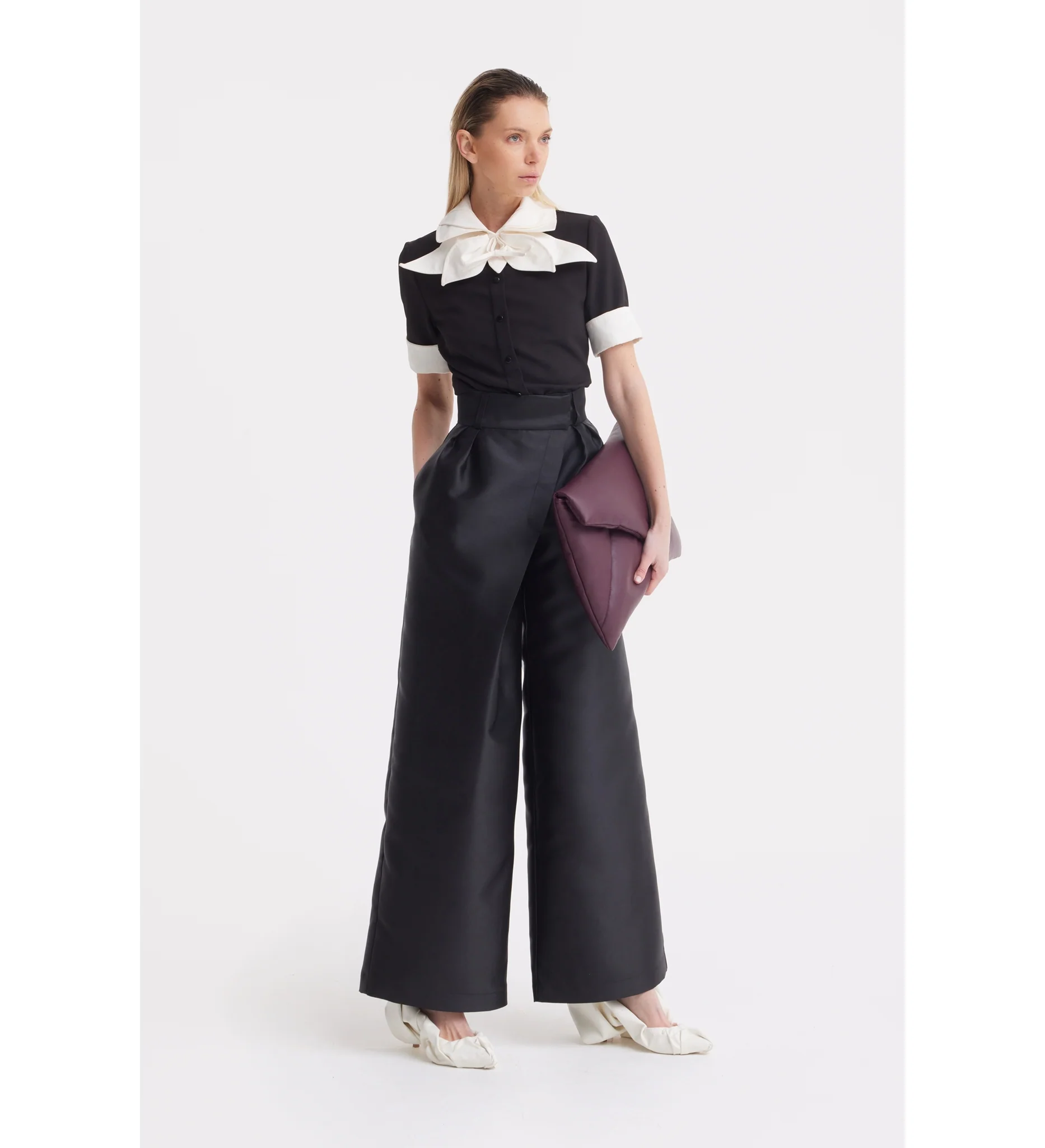 Short Sleeve Formal Bow Blouse - Black - Image 6