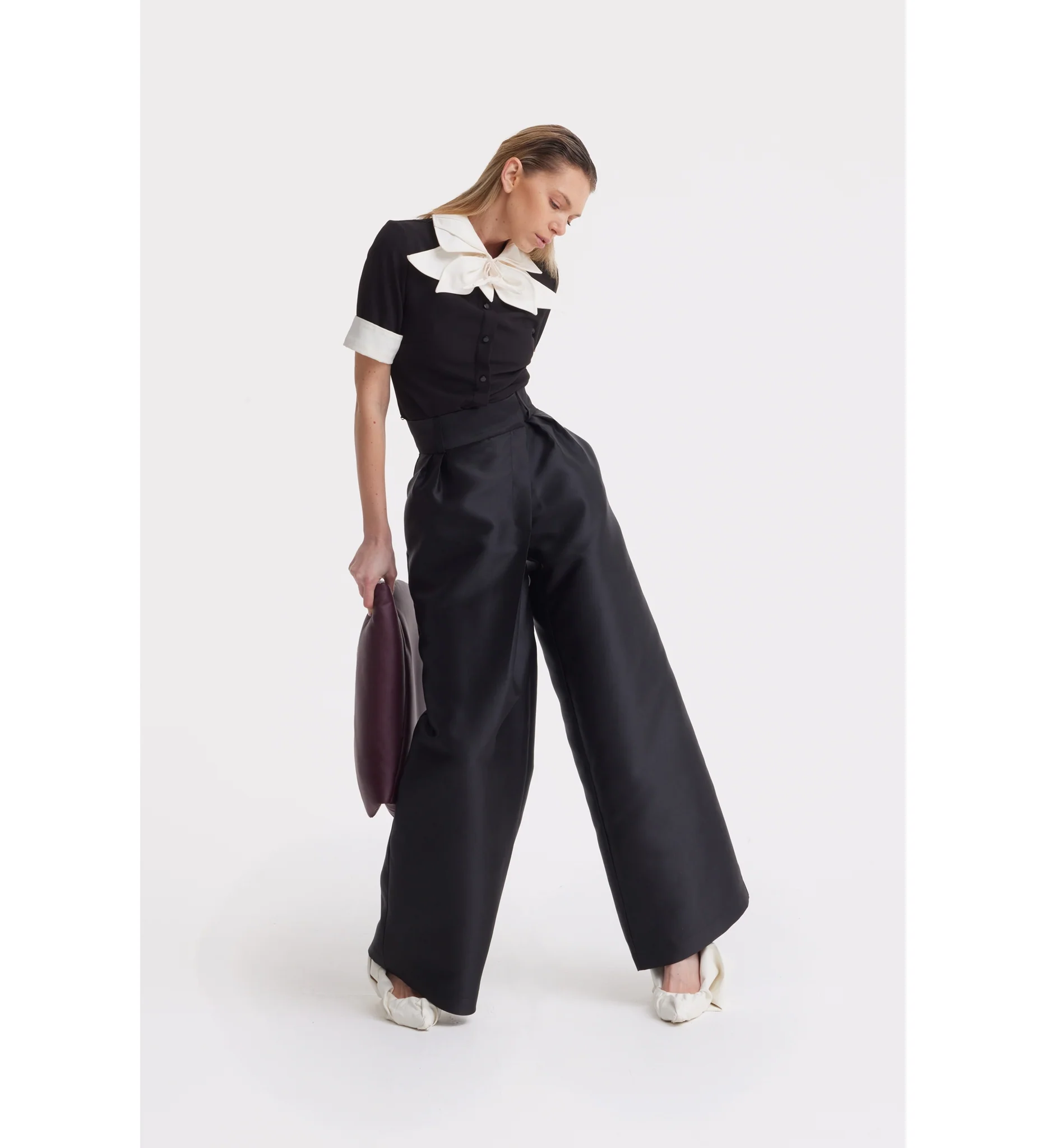 Short Sleeve Formal Bow Blouse - Black - Image 8