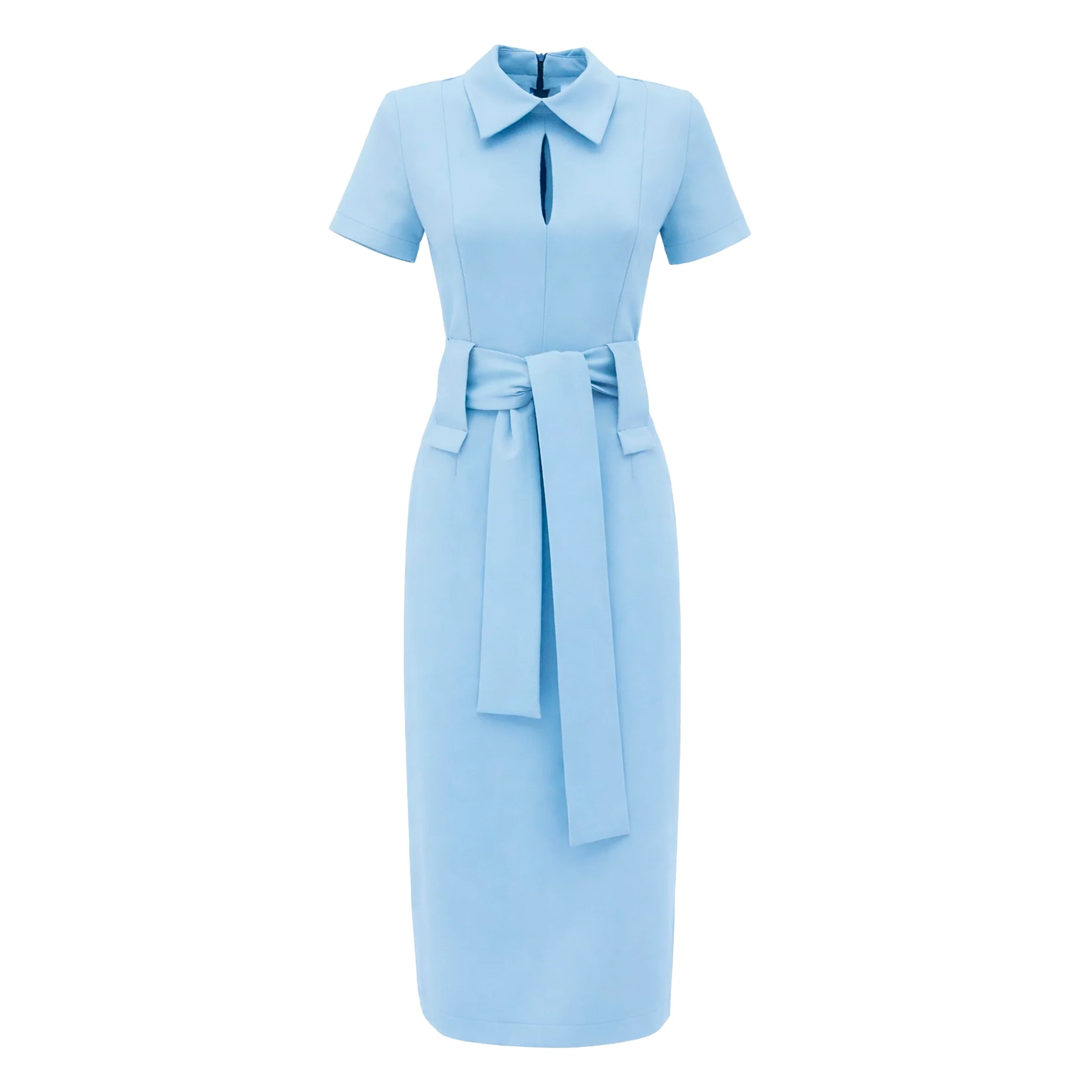 Short Sleeve Midi Dress With Belt - Light Blue