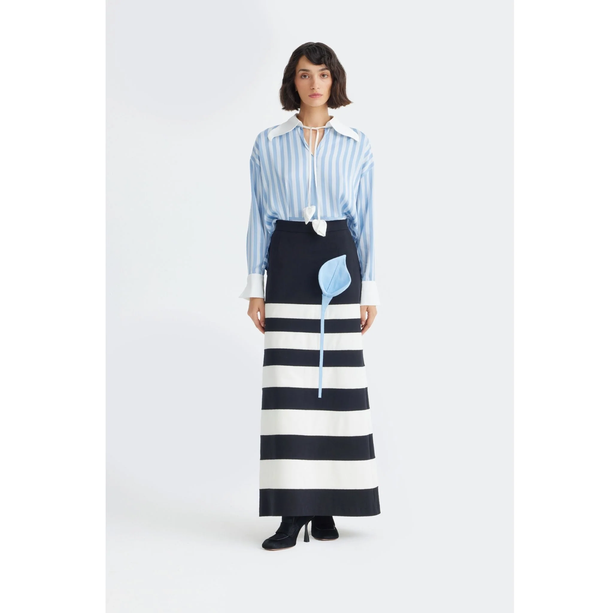 Smart Elegance – Silk-Touch Striped Long-Sleeve Blouse | Light Blue - Image 2