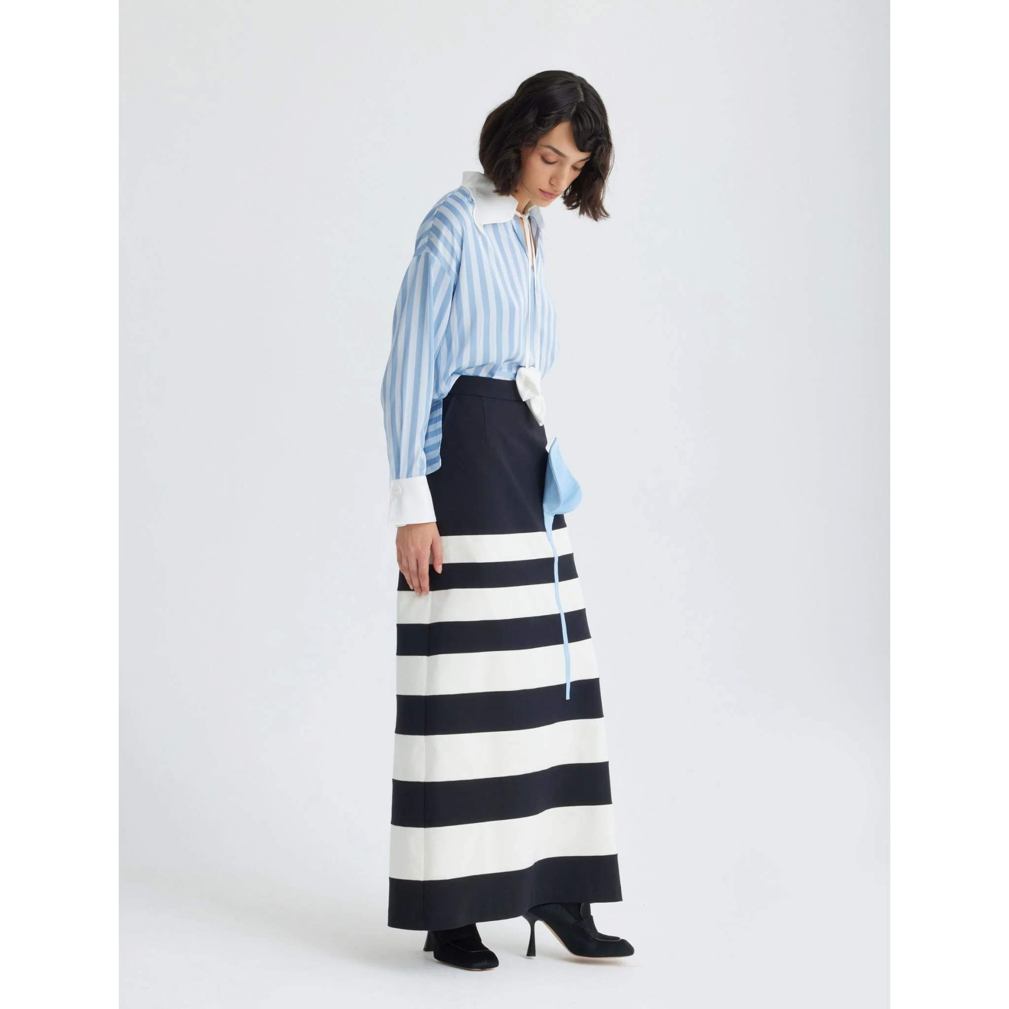 Smart Elegance – Silk-Touch Striped Long-Sleeve Blouse | Light Blue - Image 3