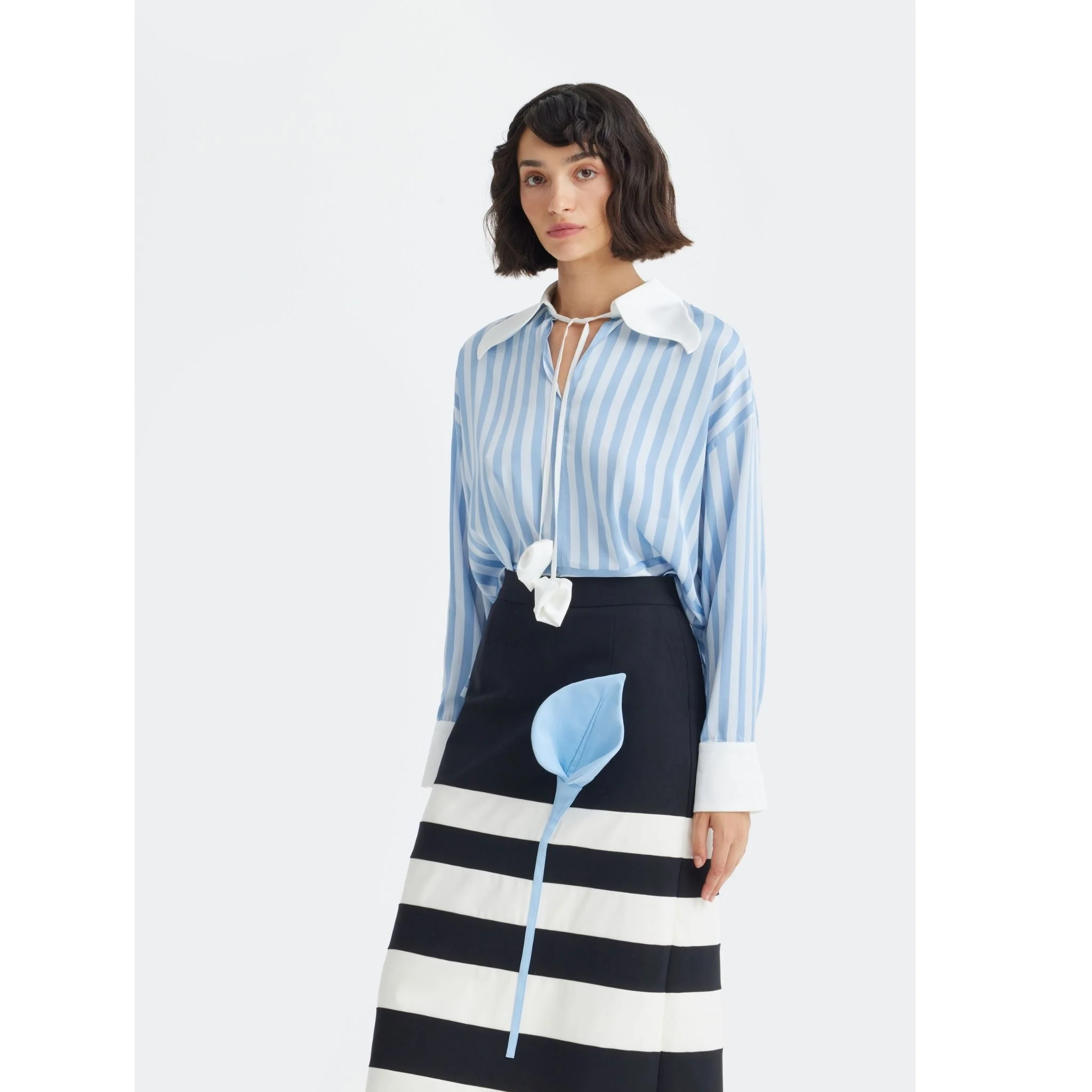 Smart Elegance – Silk-Touch Striped Long-Sleeve Blouse | Light Blue - Image 6