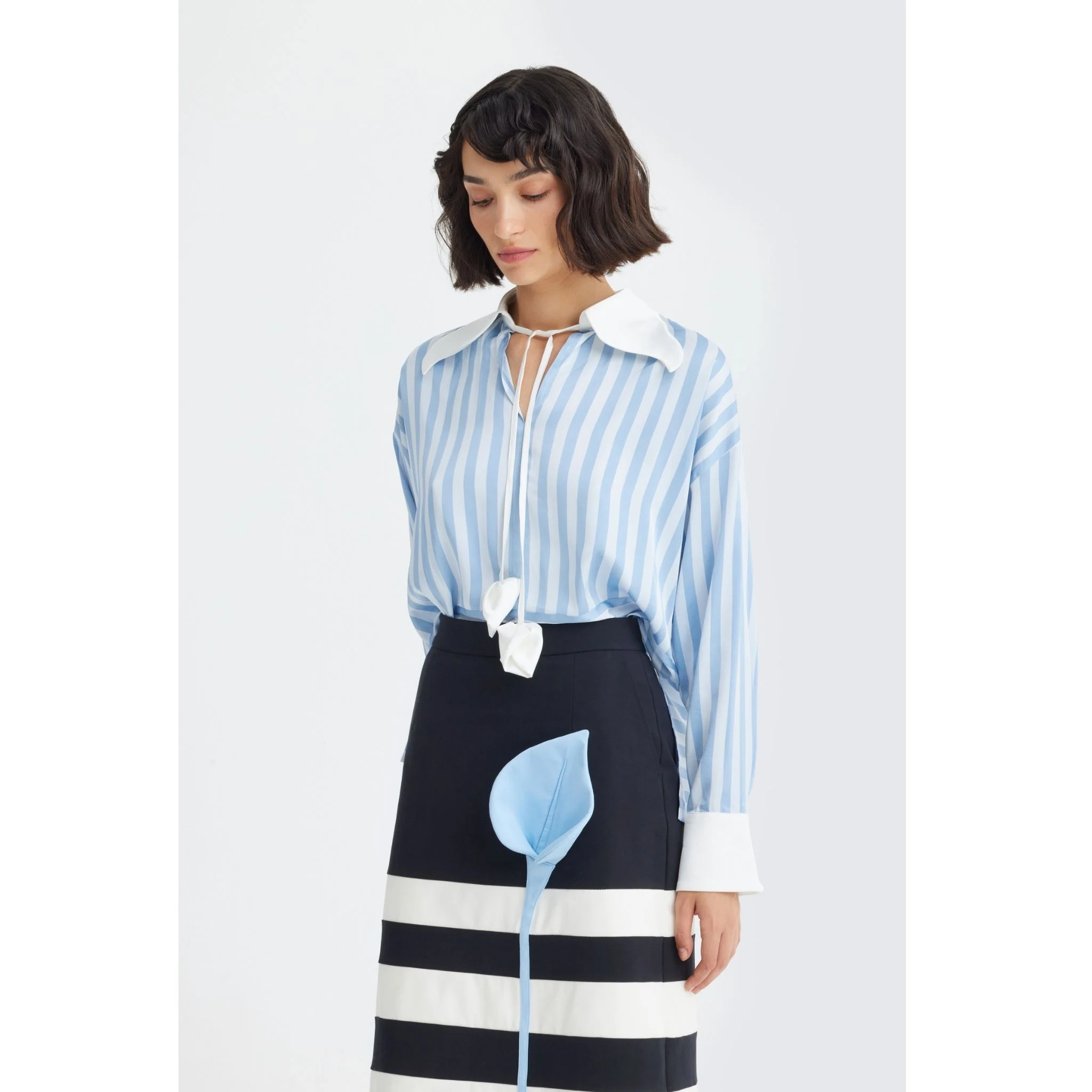 Smart Elegance – Silk-Touch Striped Long-Sleeve Blouse | Light Blue - Image 7