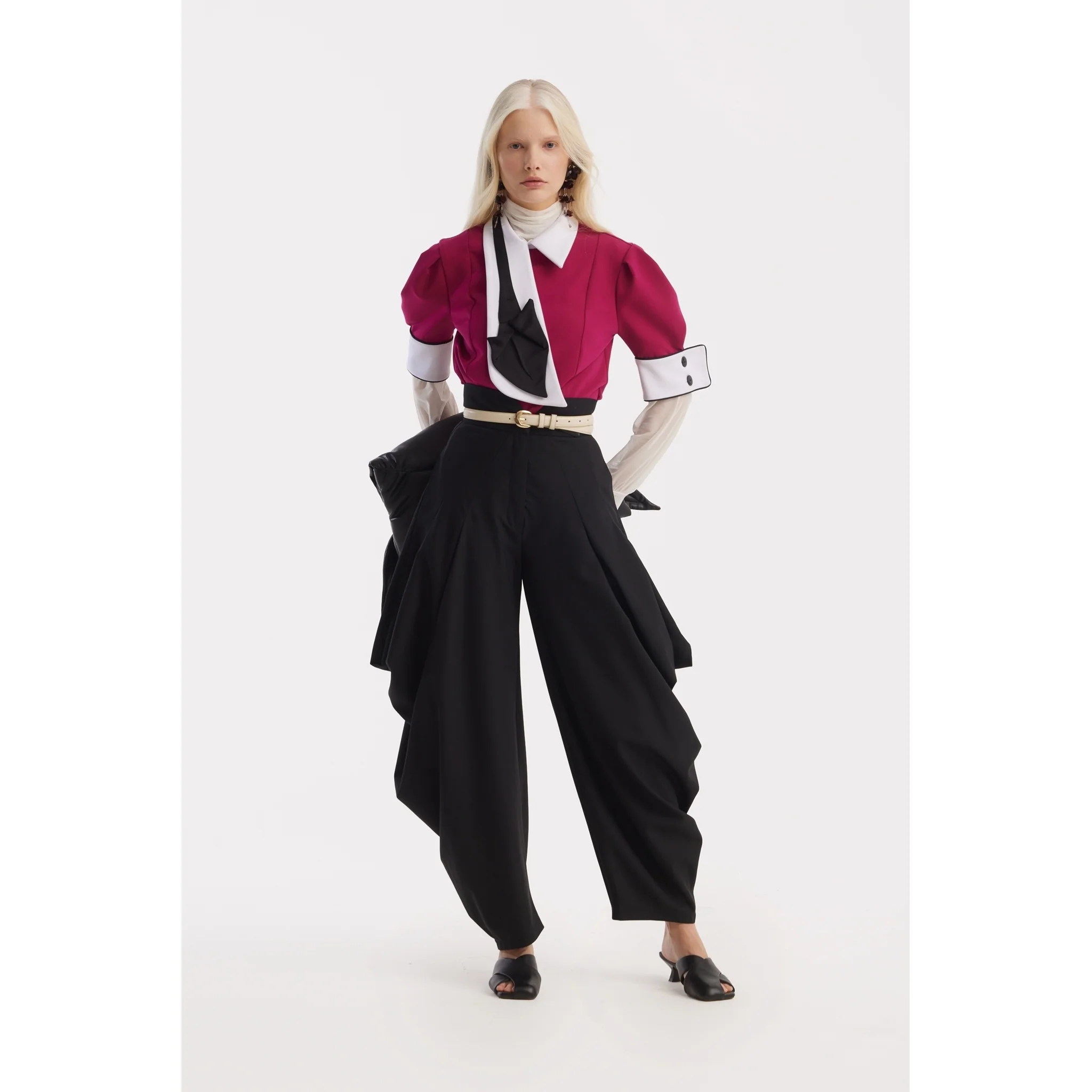 Statement Blouse With White Collar And Cuffs - Fuchsia - Image 3