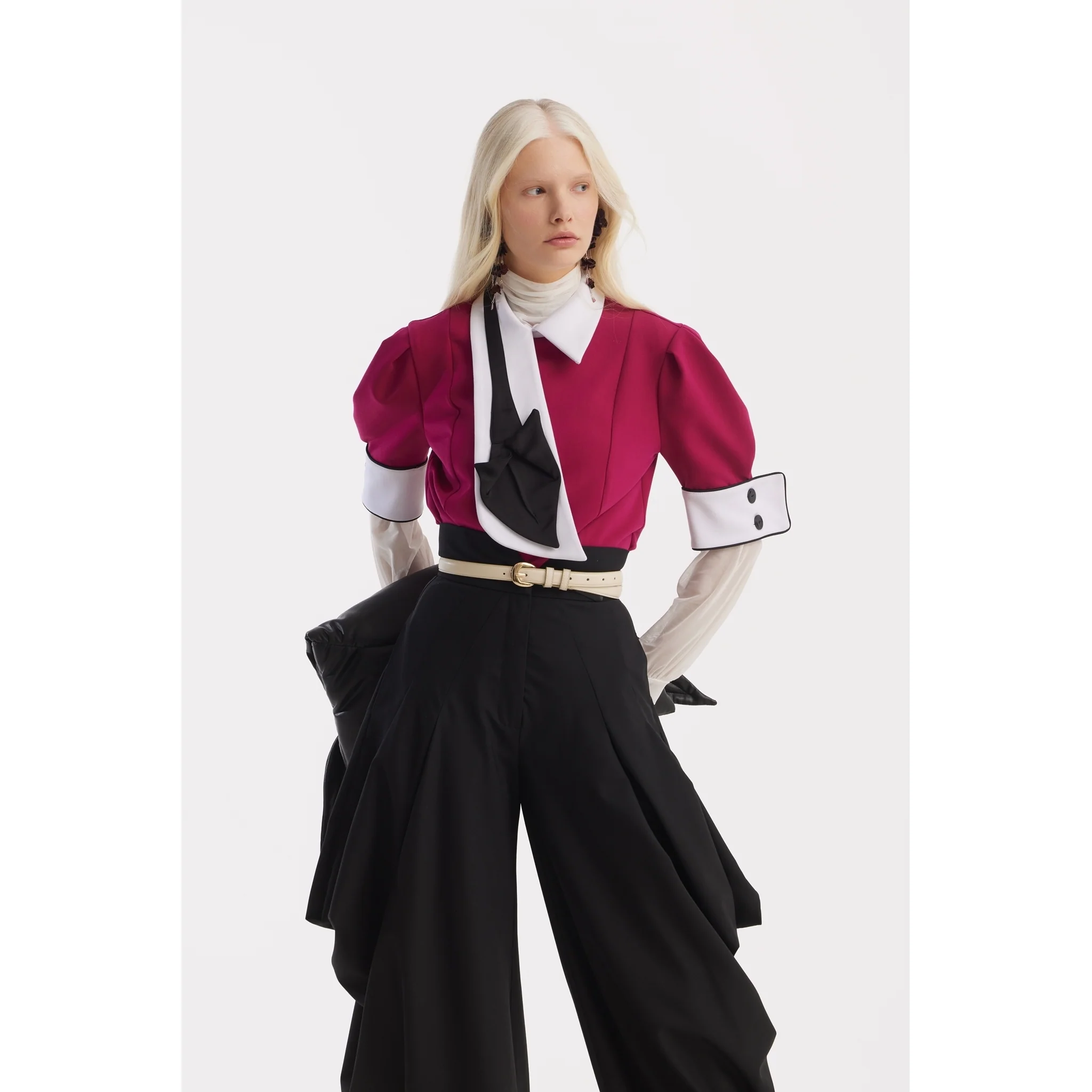 Statement Blouse With White Collar And Cuffs - Fuchsia - Image 4