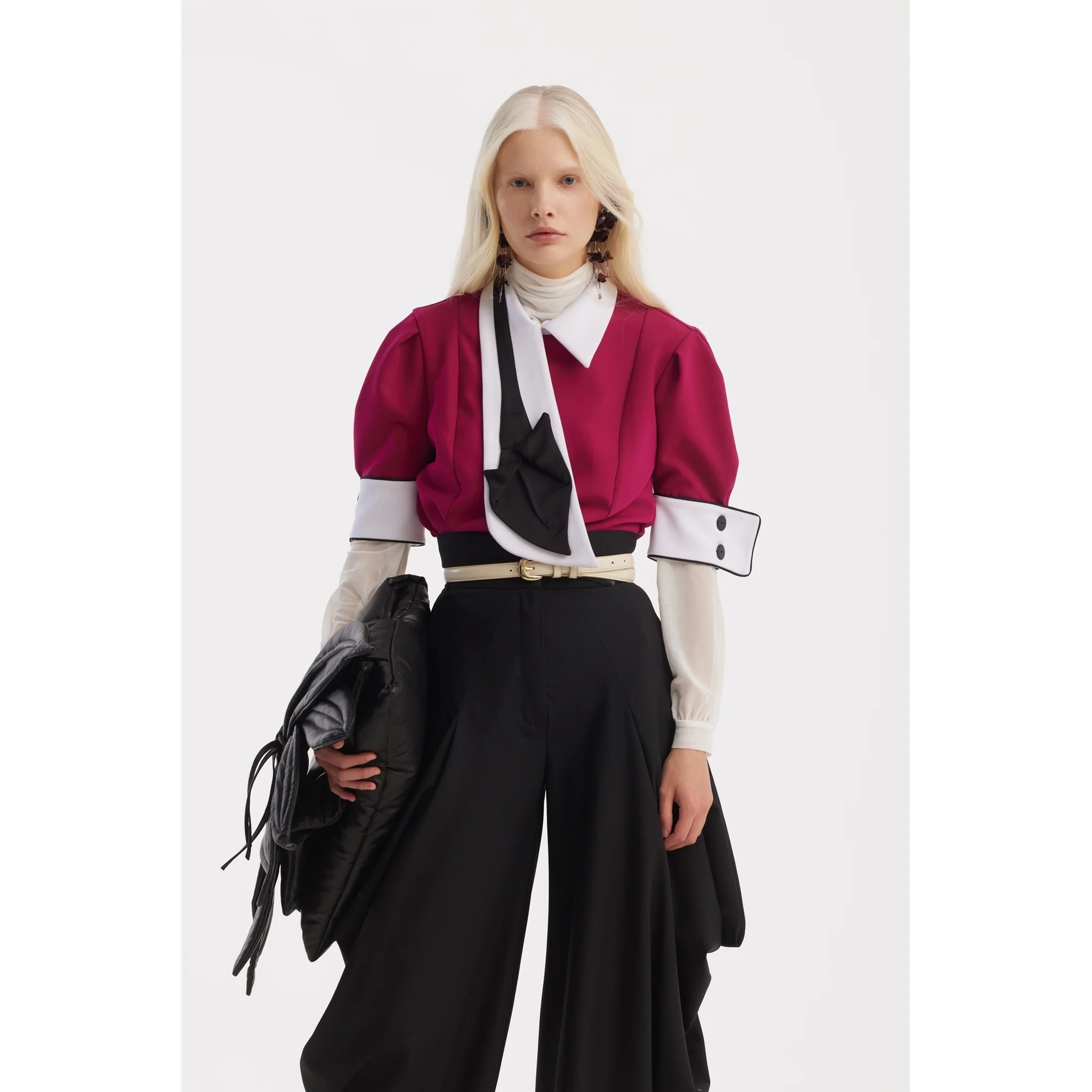 Statement Blouse With White Collar And Cuffs - Fuchsia - Image 5