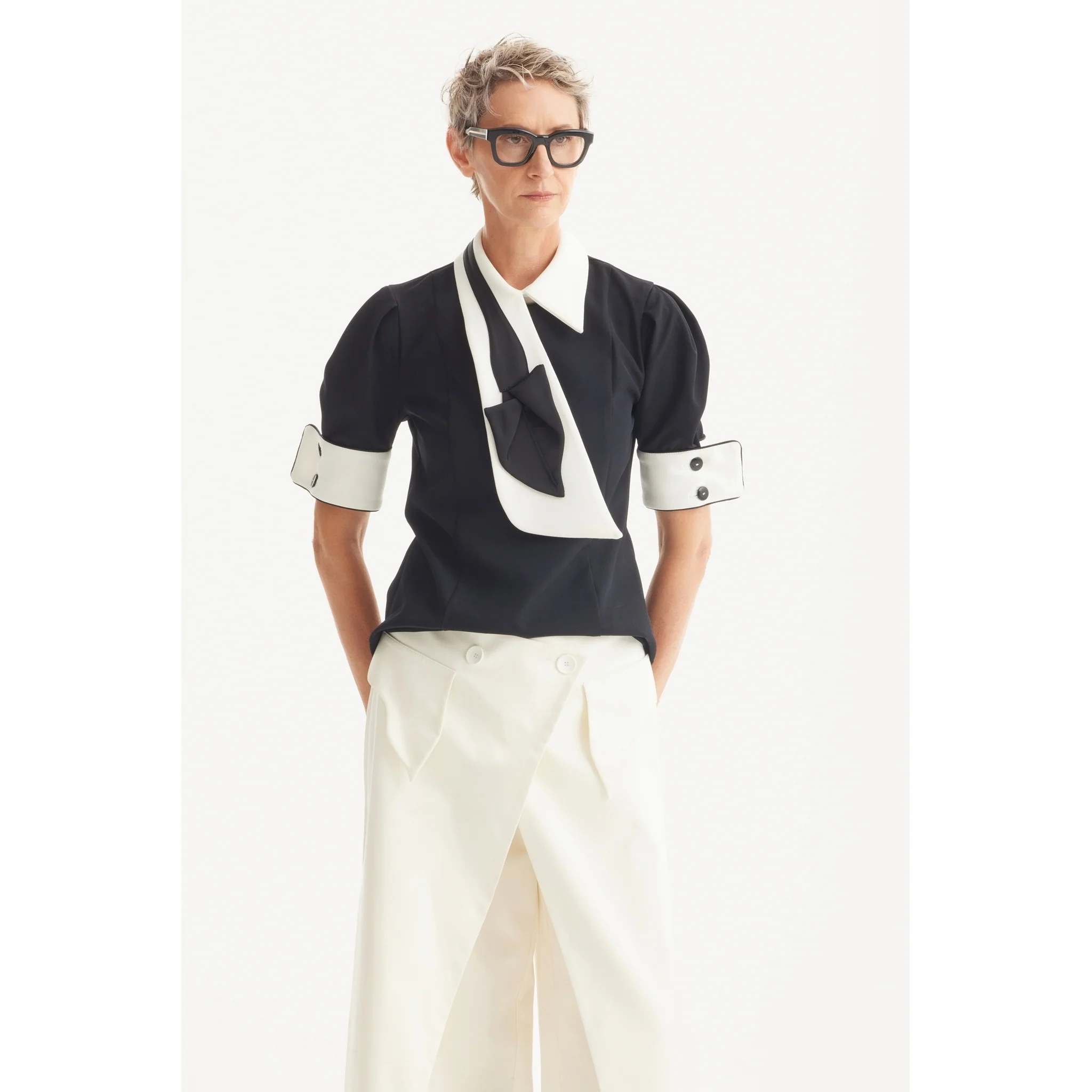 Statement Blouse With White Collar And Cuffs - Black - Image 2