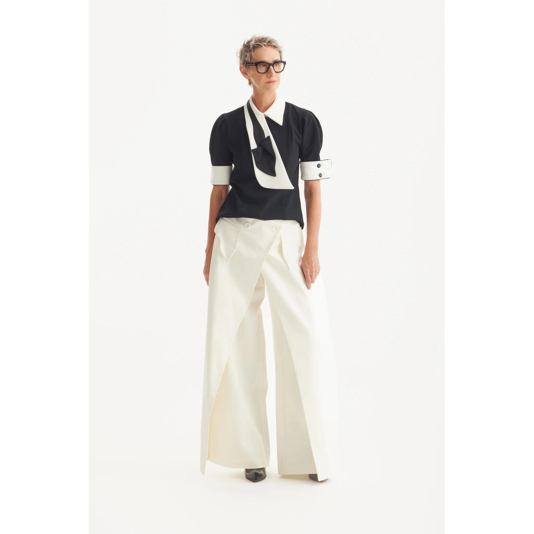 Statement Blouse With White Collar And Cuffs - Black - Image 3