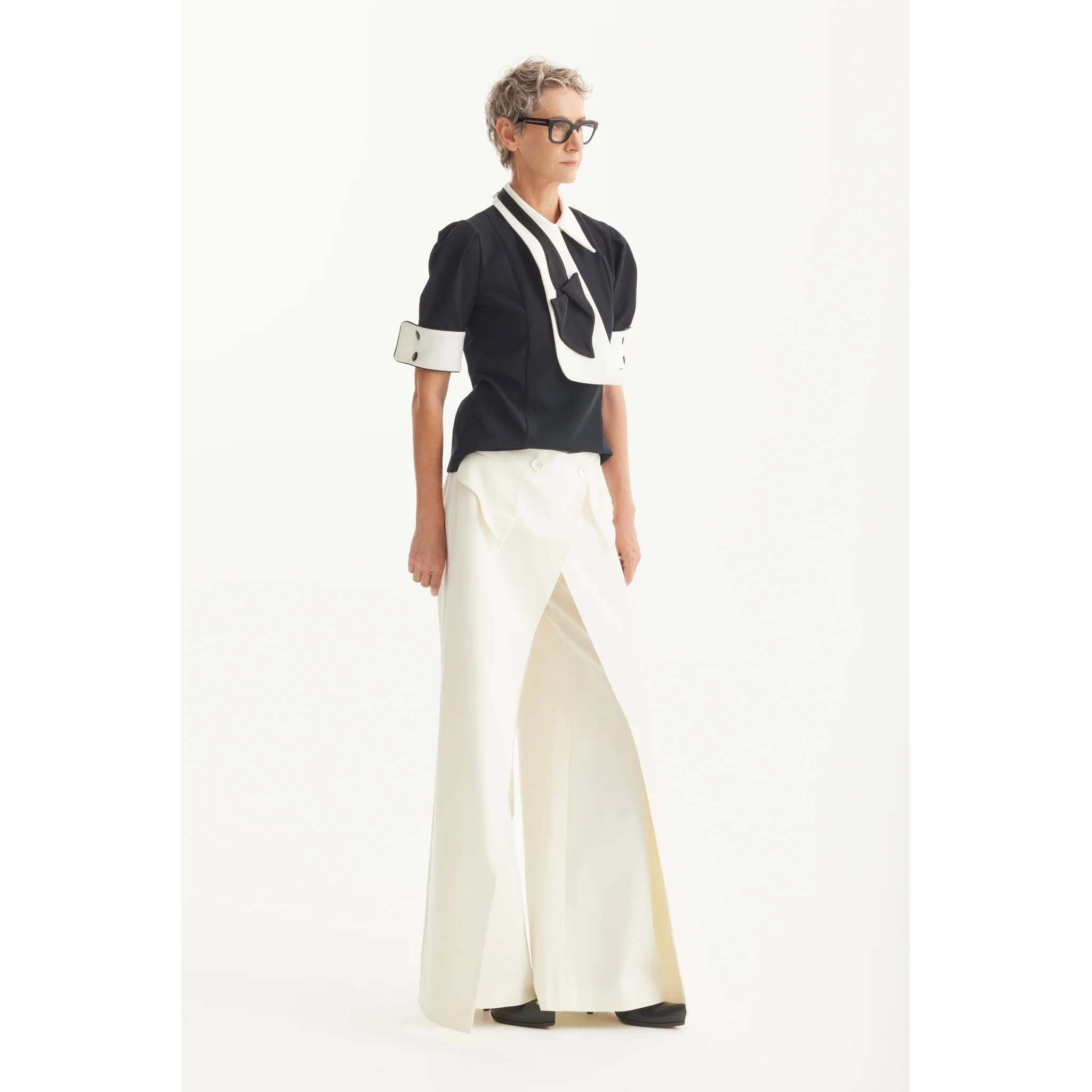 Statement Blouse With White Collar And Cuffs - Black - Image 4