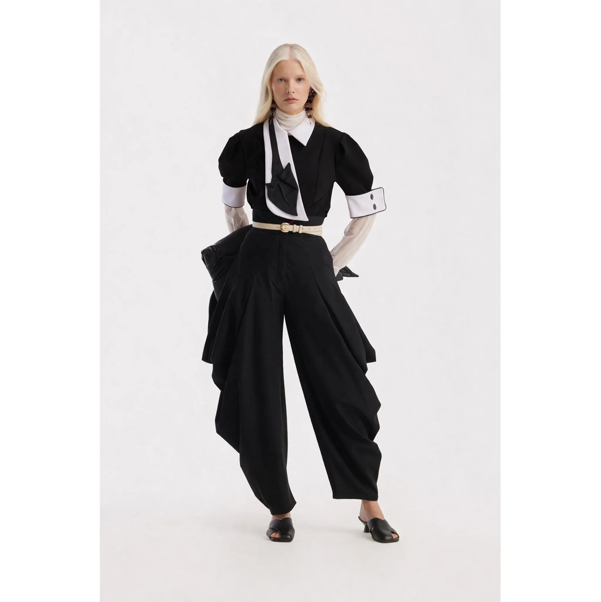 Statement Blouse With White Collar And Cuffs - Black - Image 6