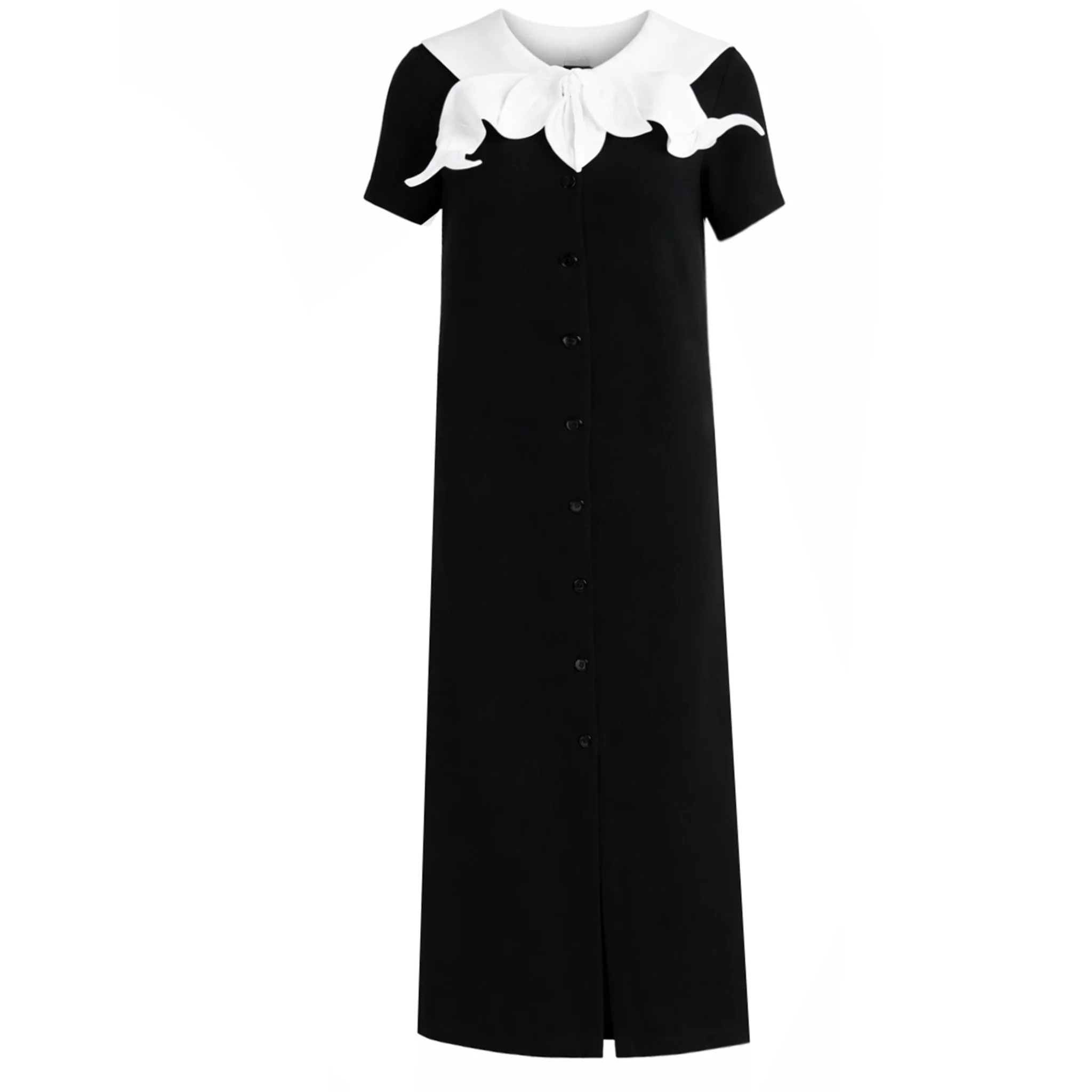 Straight Midi Shirt Dress With Adjustable Collar - Black