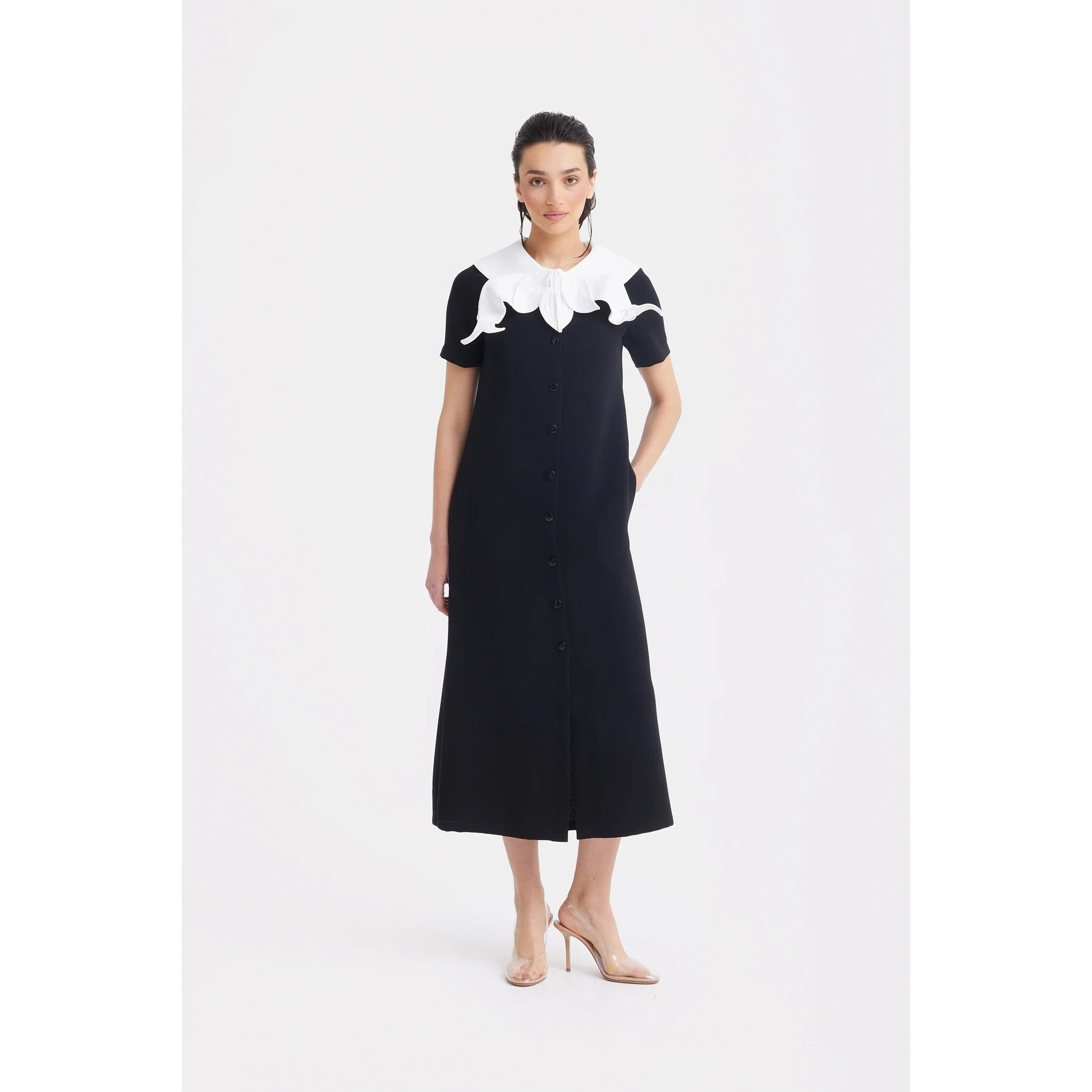 Straight Midi Shirt Dress With Adjustable Collar - Black - Image 3