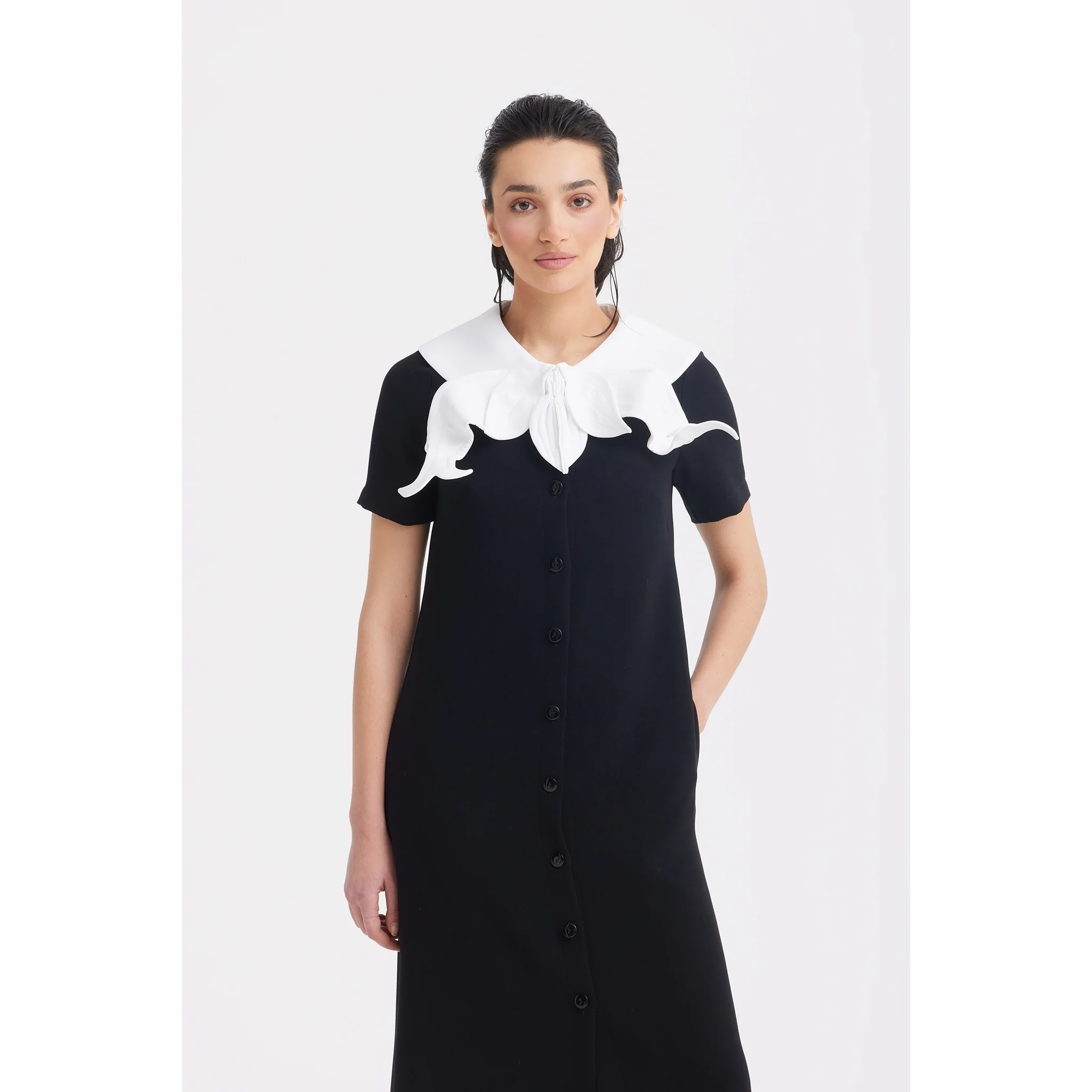 Straight Midi Shirt Dress With Adjustable Collar - Black - Image 4