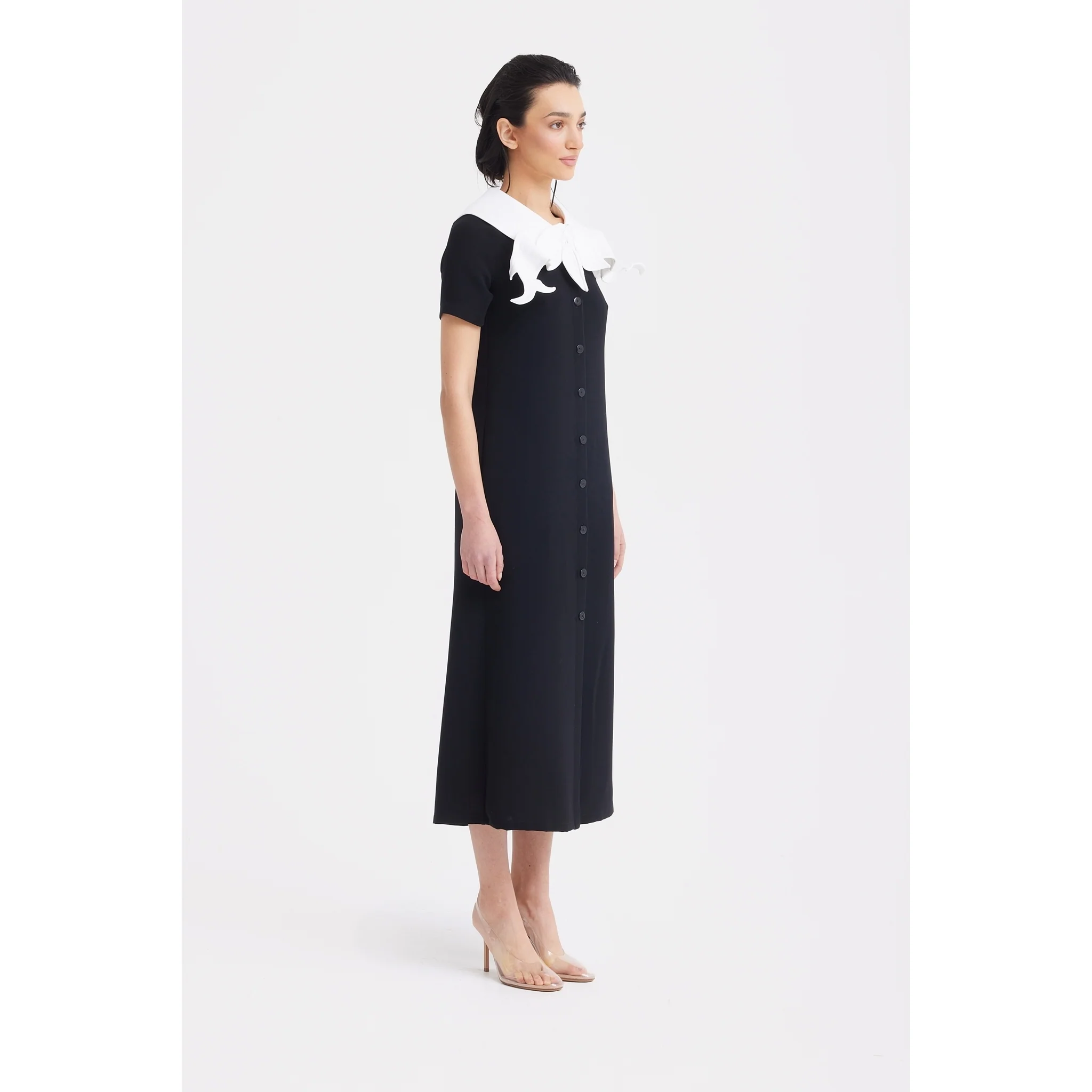 Straight Midi Shirt Dress With Adjustable Collar - Black - Image 5