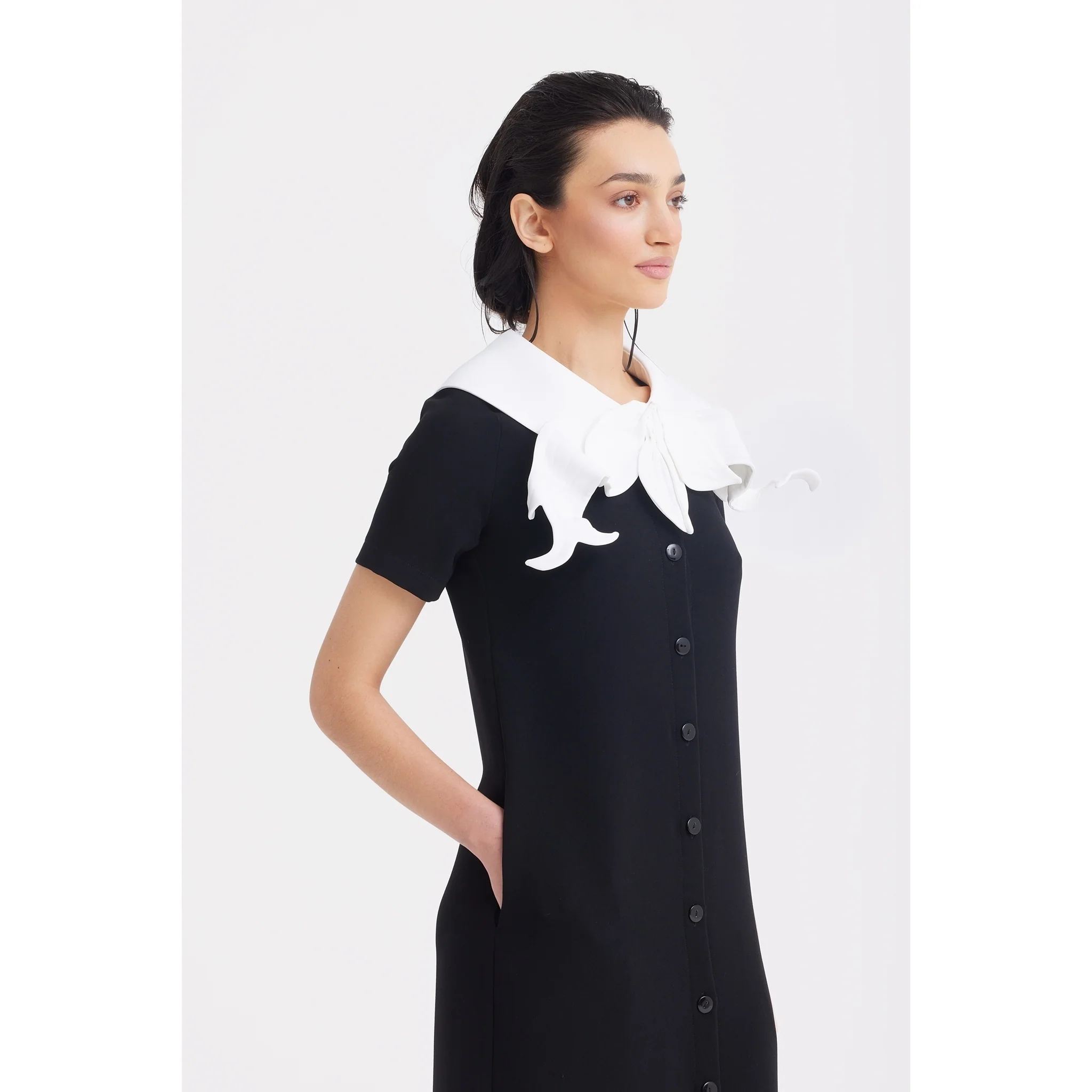 Straight Midi Shirt Dress With Adjustable Collar - Black - Image 6