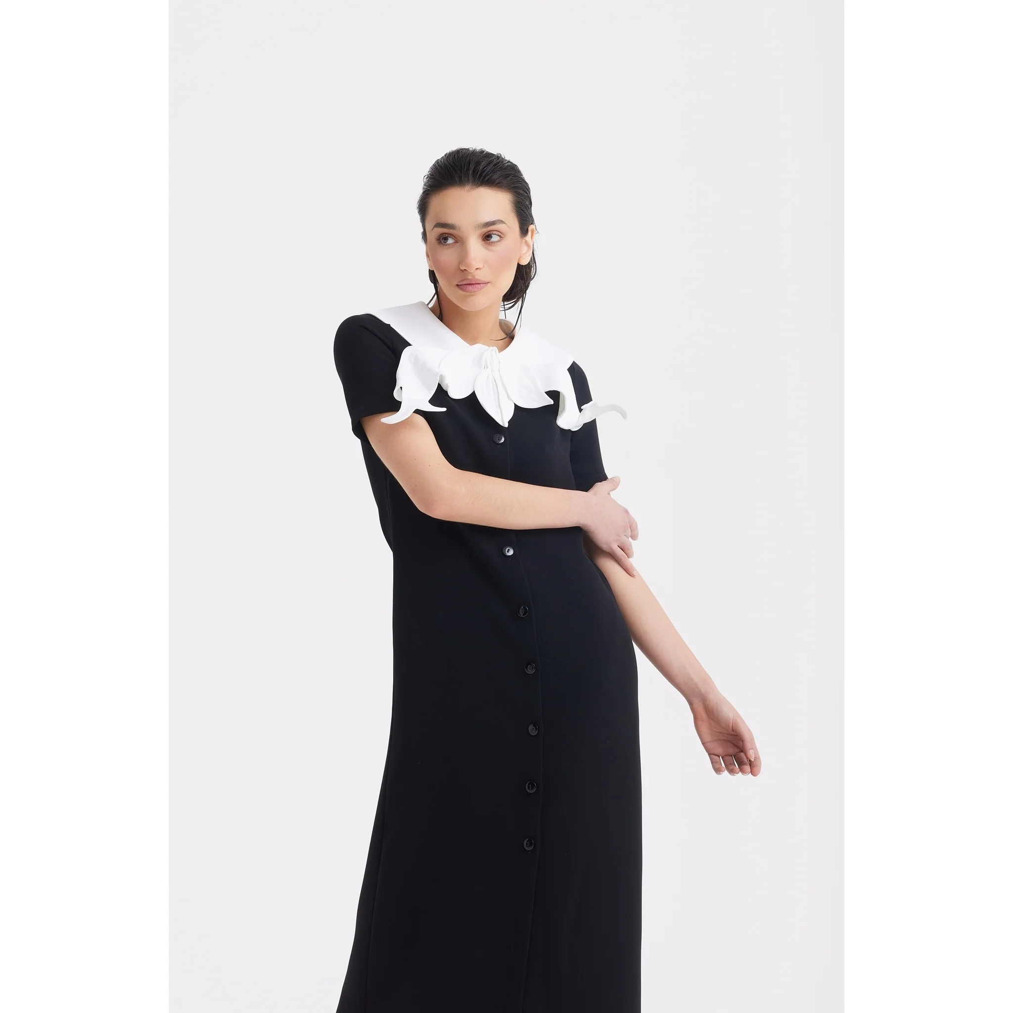Straight Midi Shirt Dress With Adjustable Collar - Black - Image 7