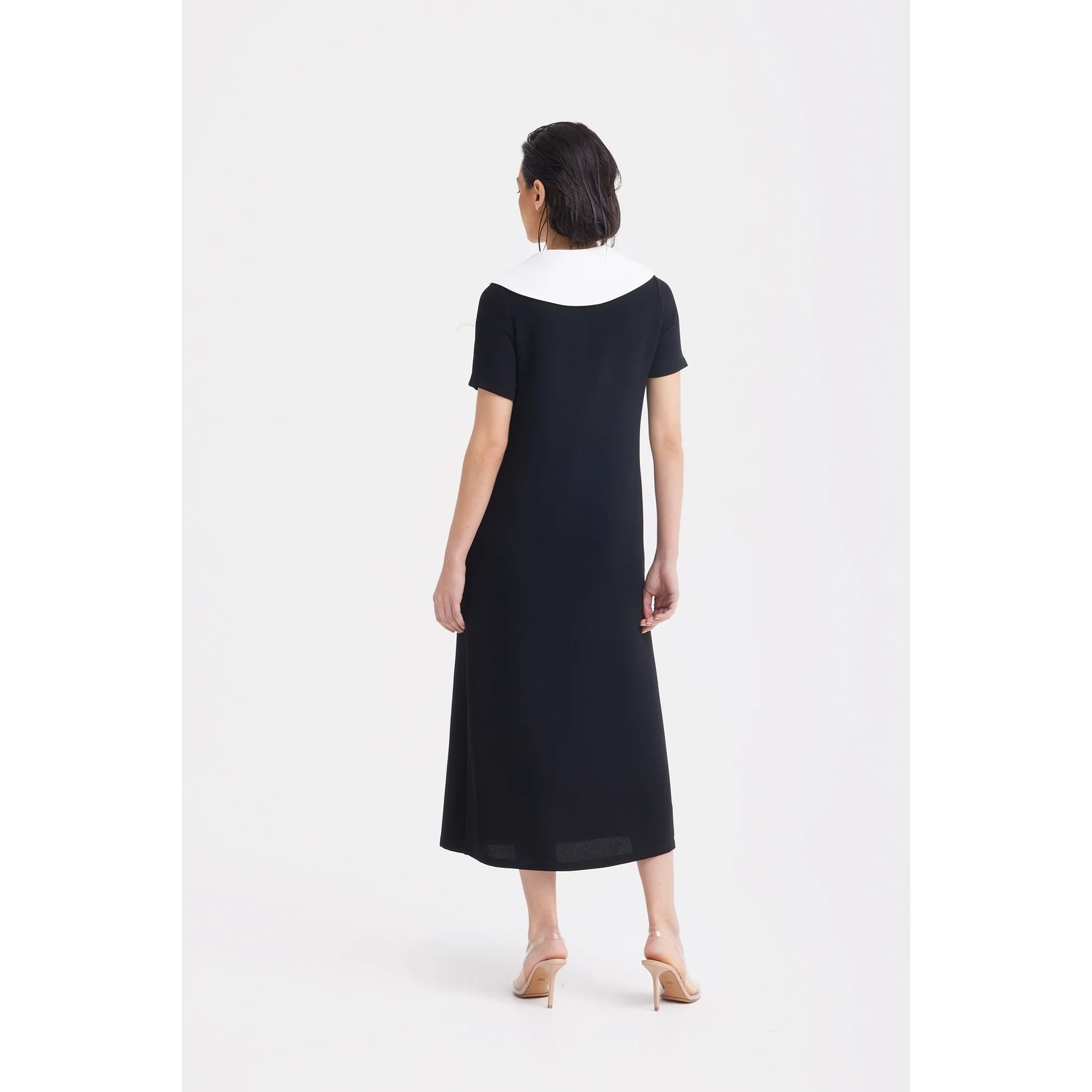 Straight Midi Shirt Dress With Adjustable Collar - Black - Image 8