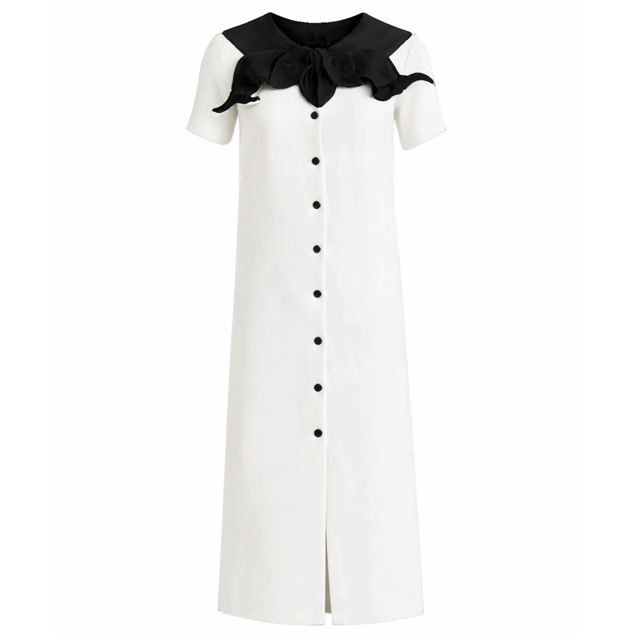 Straight Midi Shirt Dress With Adjustable Collar - White