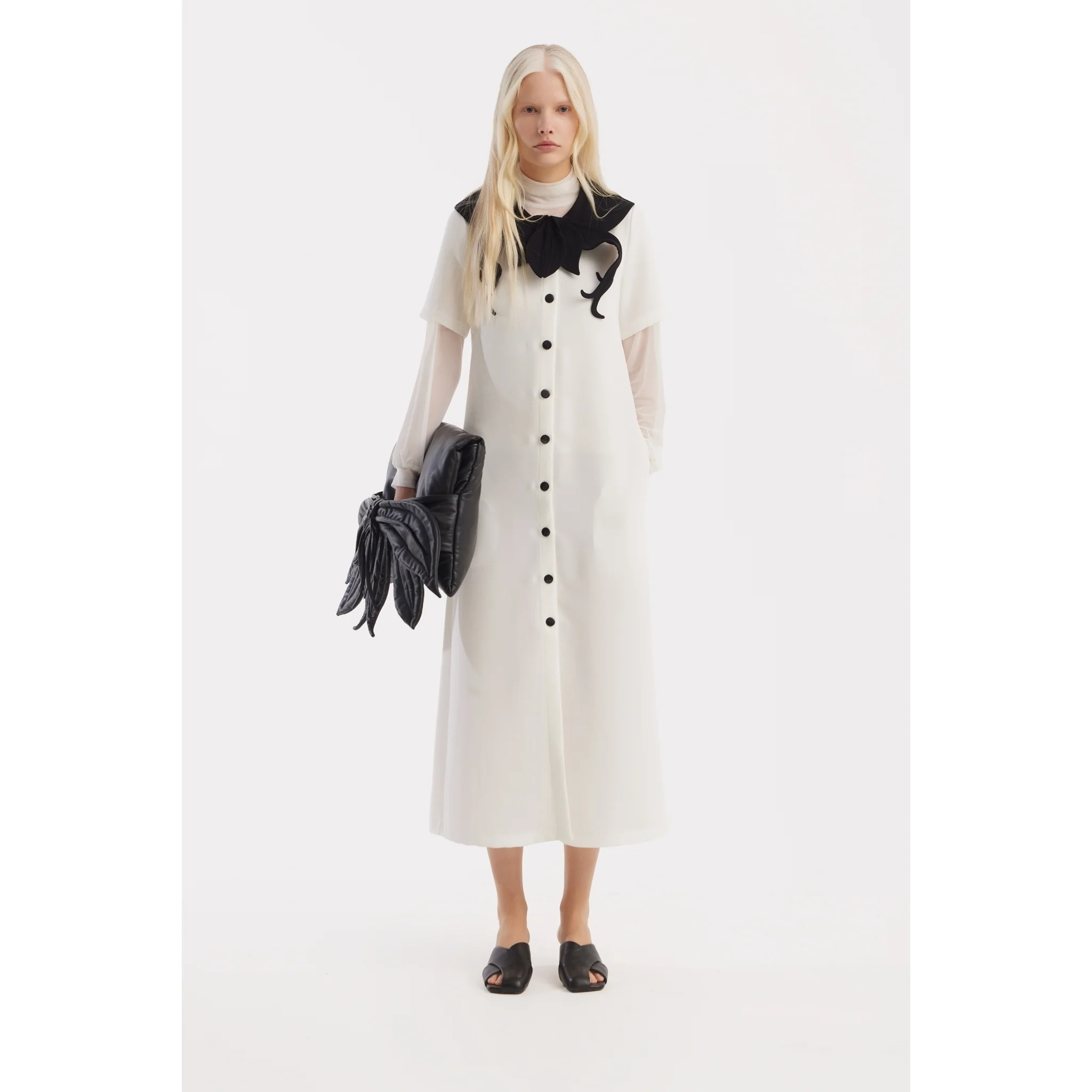 Straight Midi Shirt Dress With Adjustable Collar - White - Image 2
