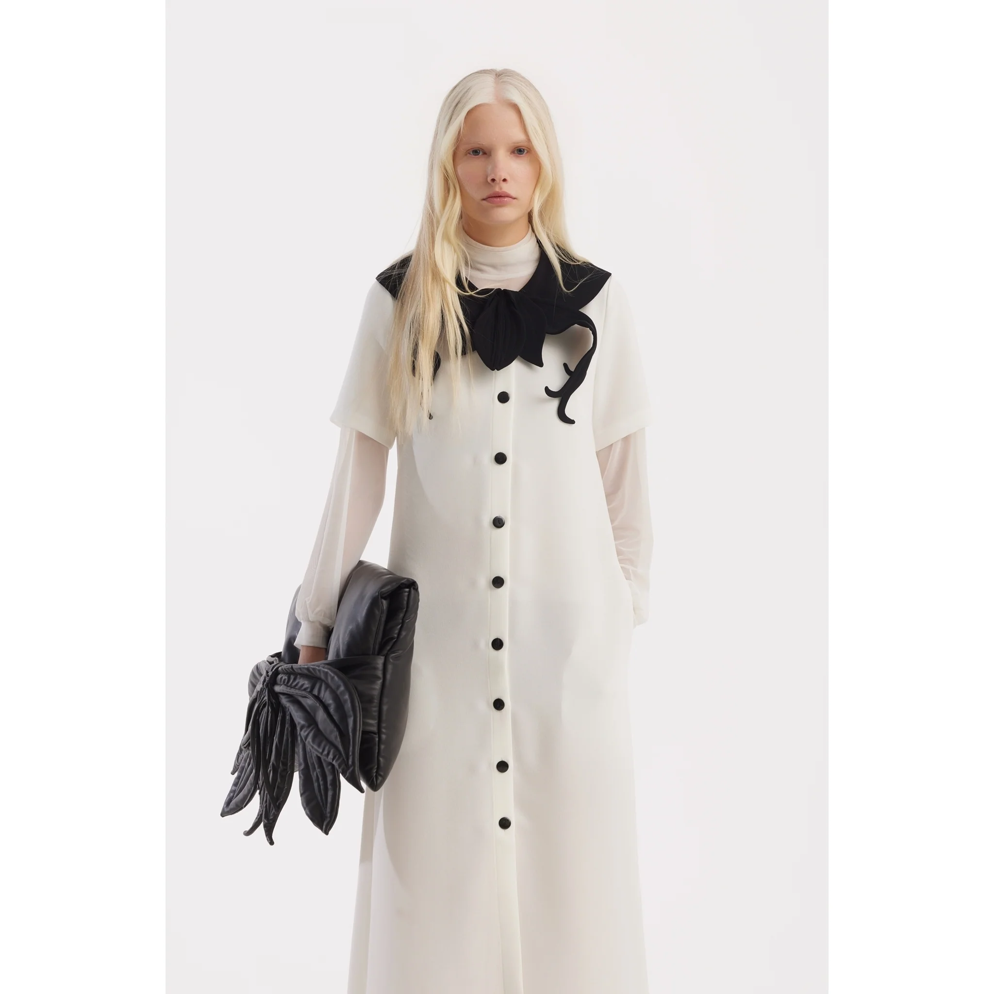 Straight Midi Shirt Dress With Adjustable Collar - White - Image 3