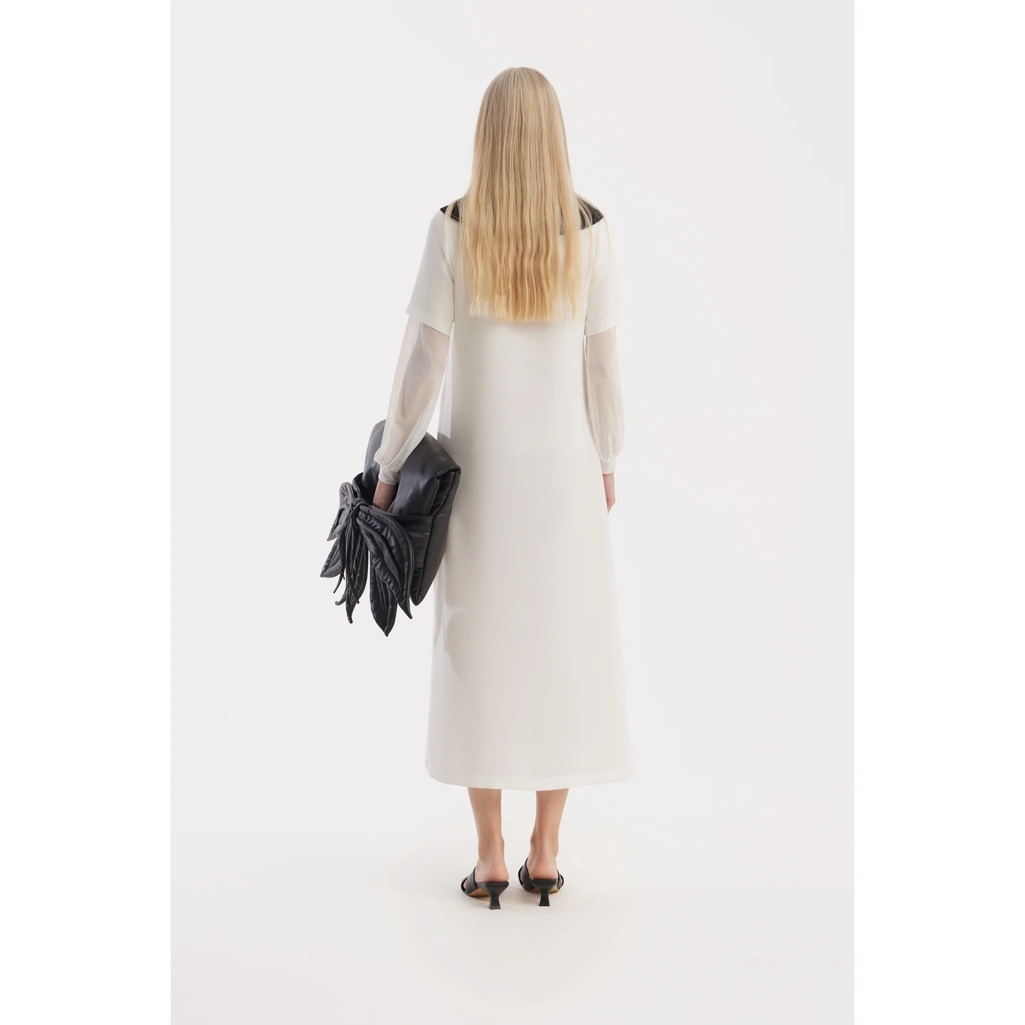 Straight Midi Shirt Dress With Adjustable Collar - White - Image 4