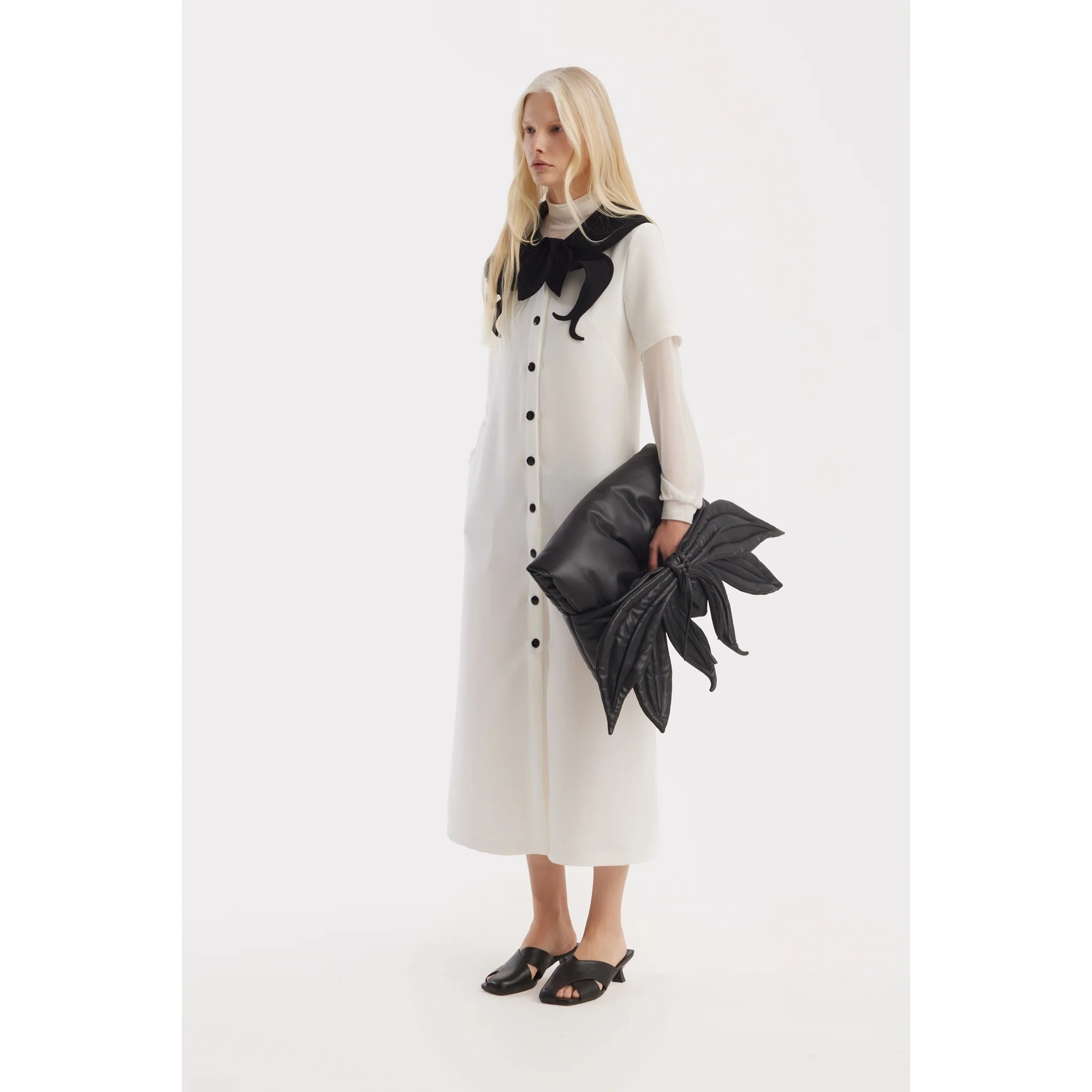 Straight Midi Shirt Dress With Adjustable Collar - White - Image 5