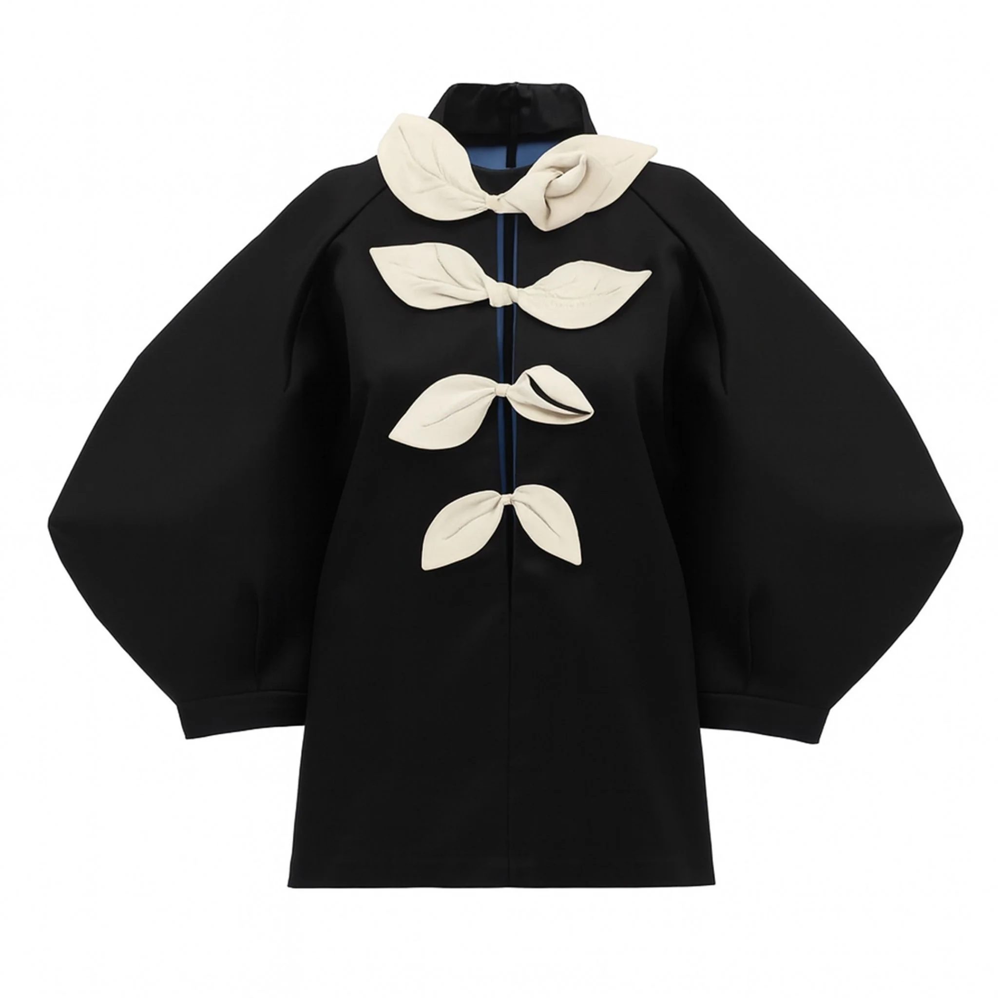 Taffeta Deep V-Neck Blouse With Satin Floral Detail  | Black