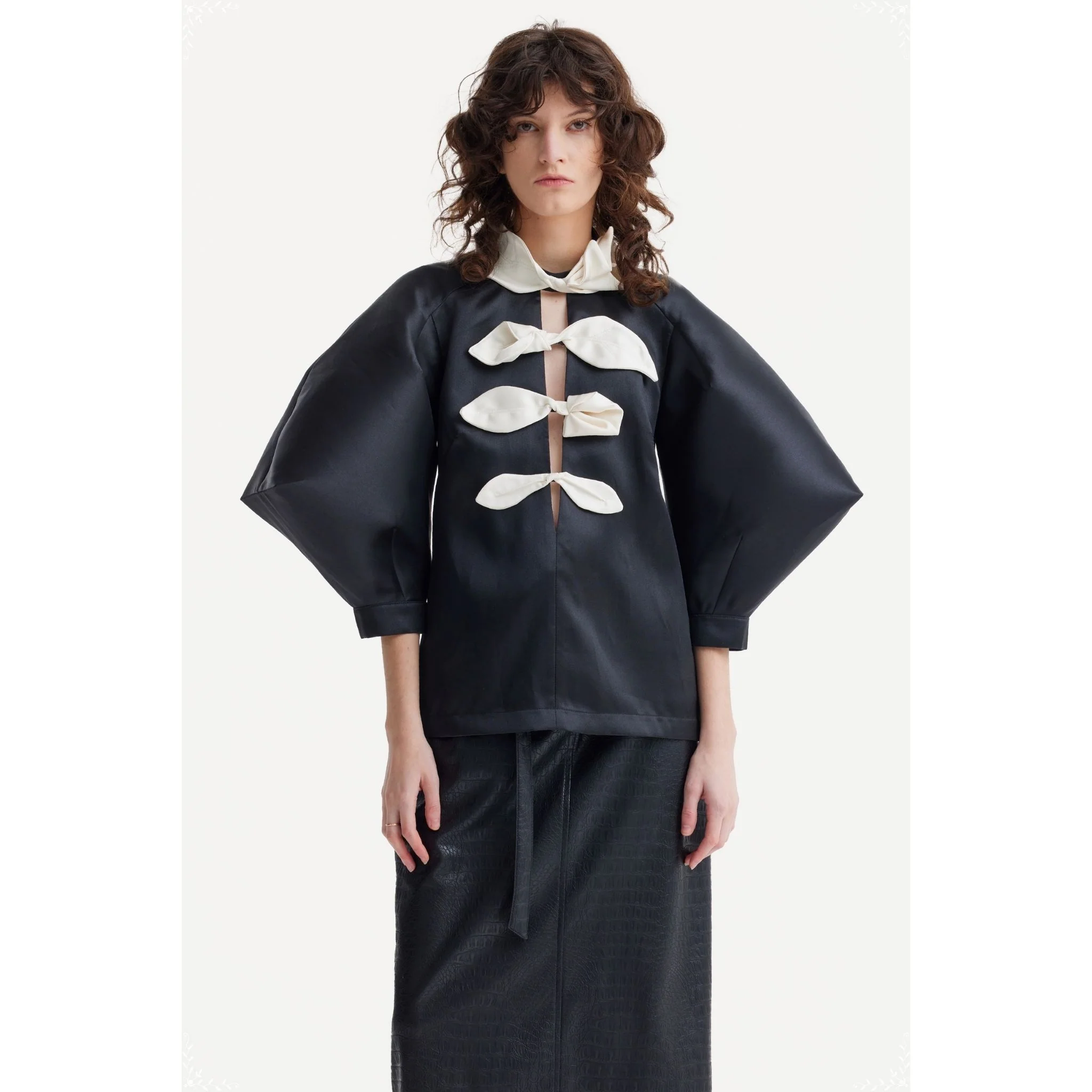Taffeta Deep V-Neck Blouse With Satin Floral Detail  | Black - Image 2