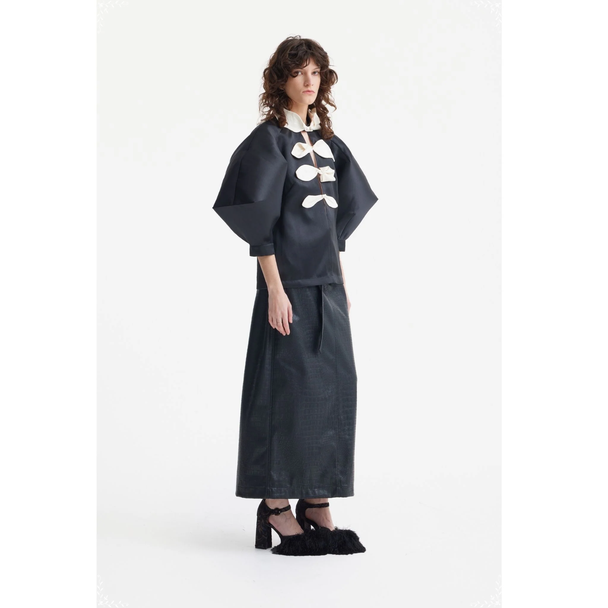 Taffeta Deep V-Neck Blouse With Satin Floral Detail  | Black - Image 3