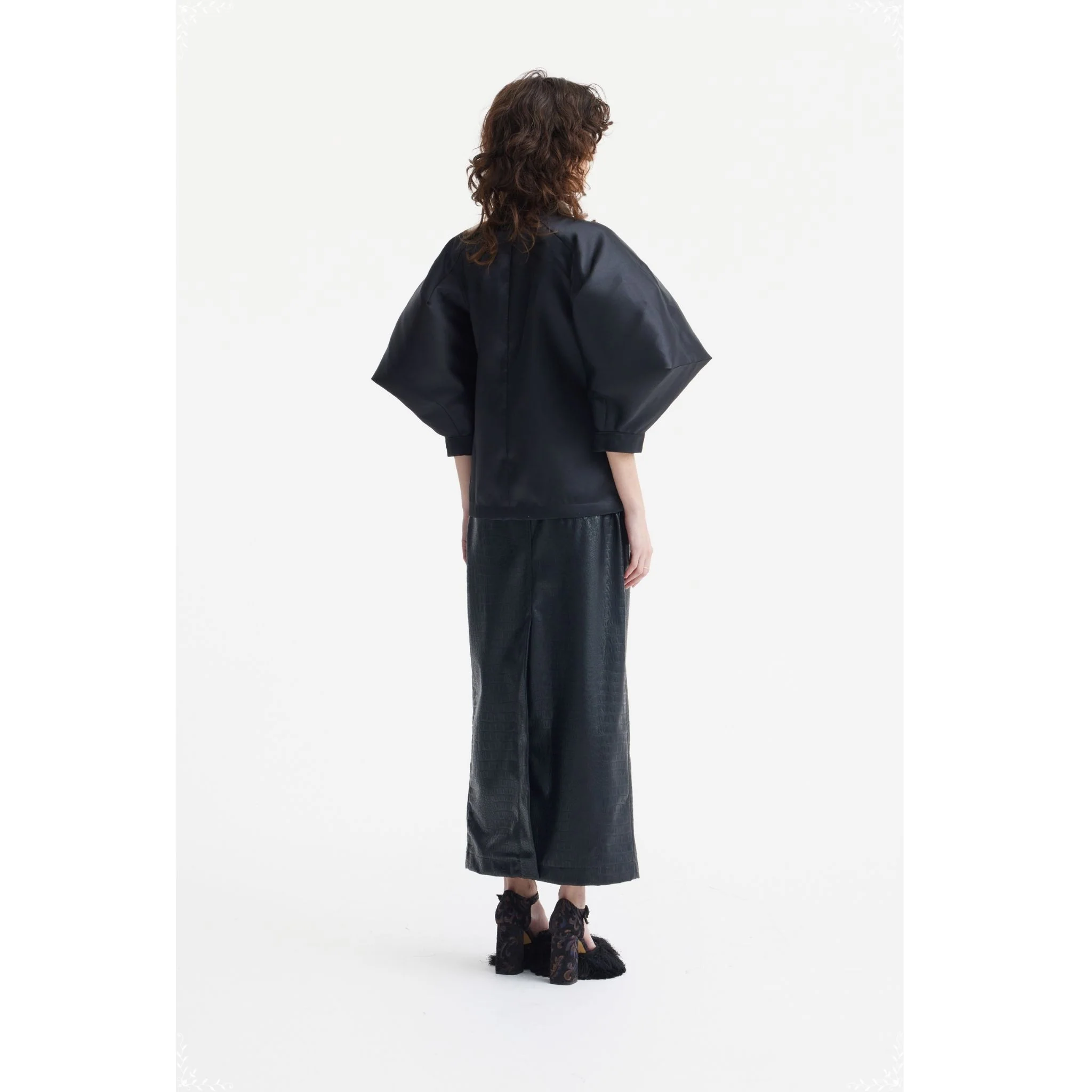 Taffeta Deep V-Neck Blouse With Satin Floral Detail  | Black - Image 4