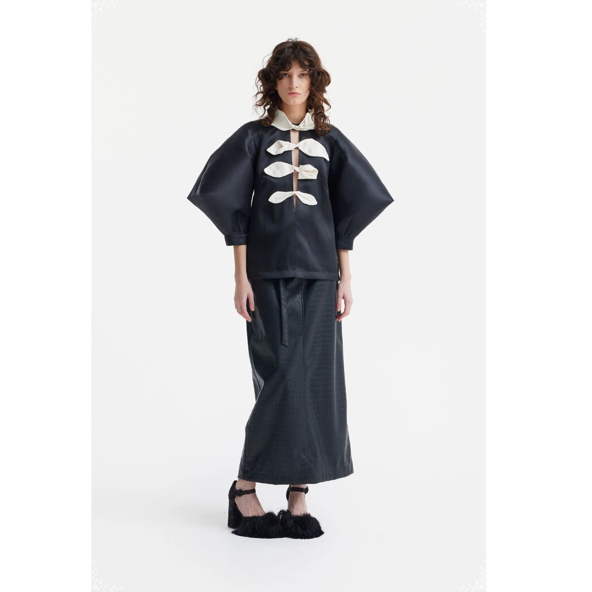 Taffeta Deep V-Neck Blouse With Satin Floral Detail  | Black - Image 5