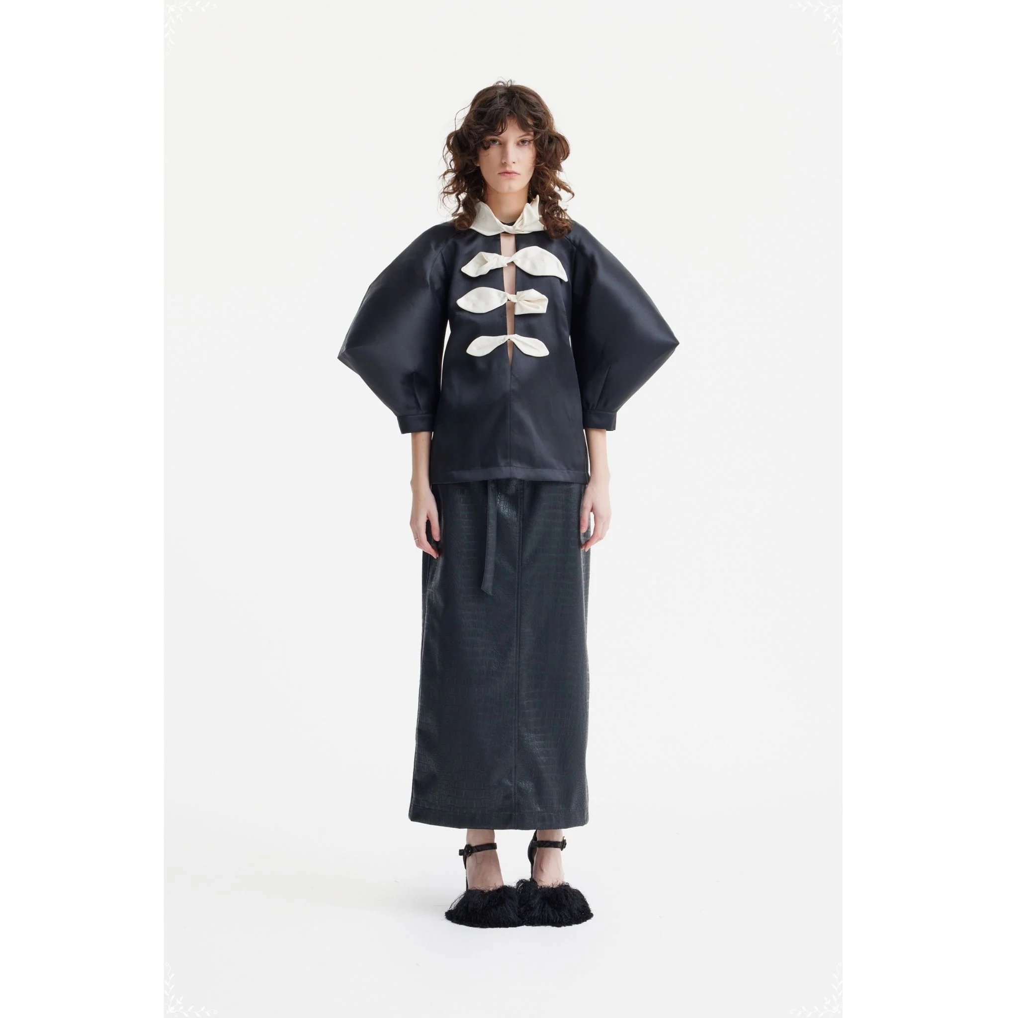 Taffeta Deep V-Neck Blouse With Satin Floral Detail  | Black - Image 6