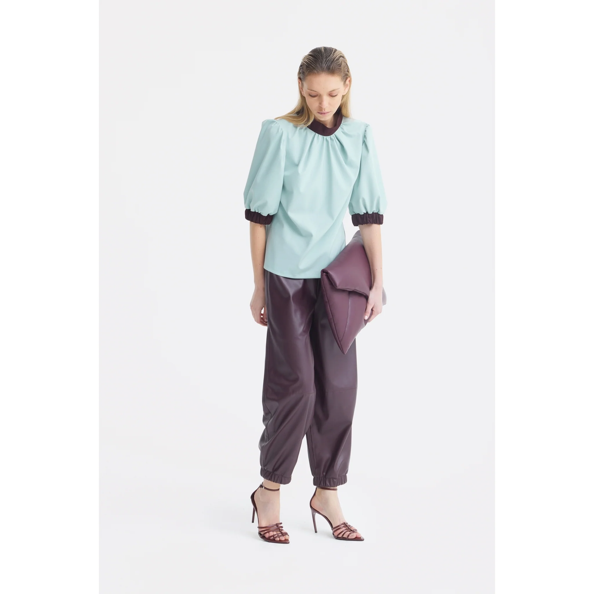 Textured Short Sleeve Blouse - Light Blue - Image 12