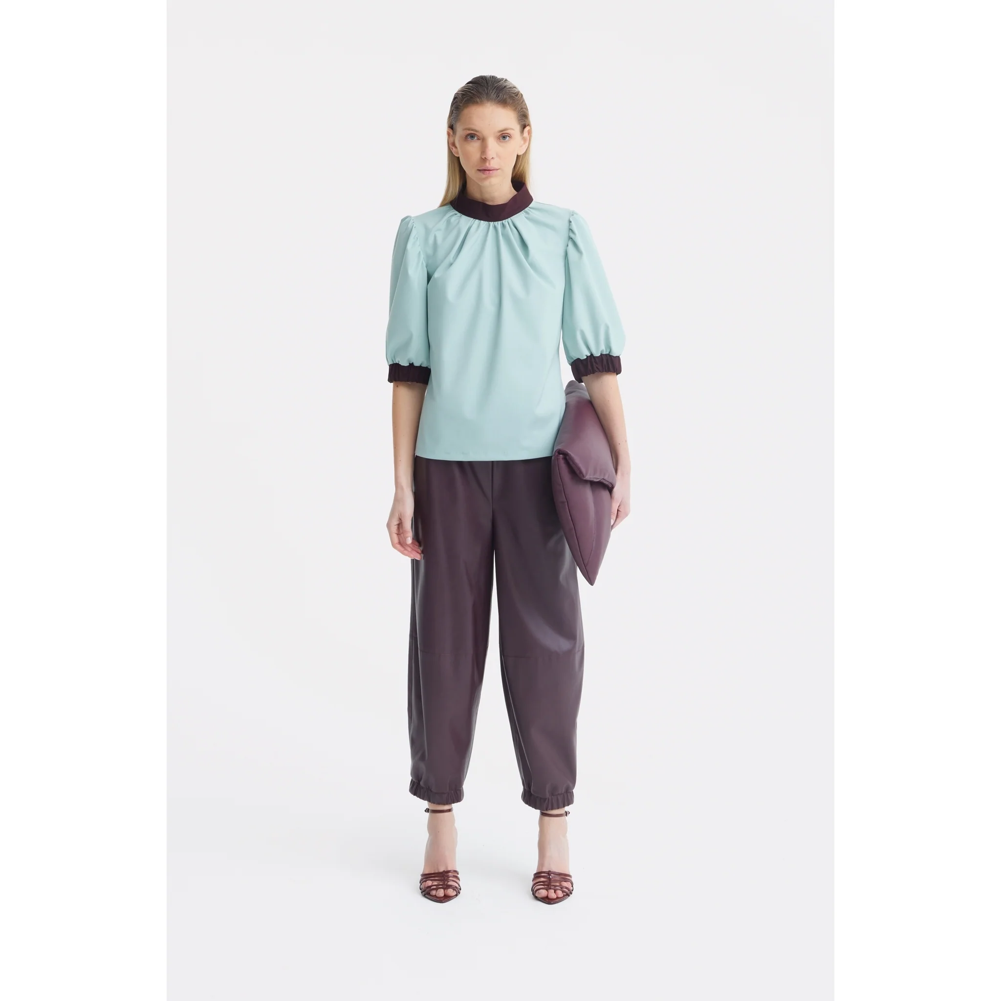 Textured Short Sleeve Blouse - Light Blue - Image 2